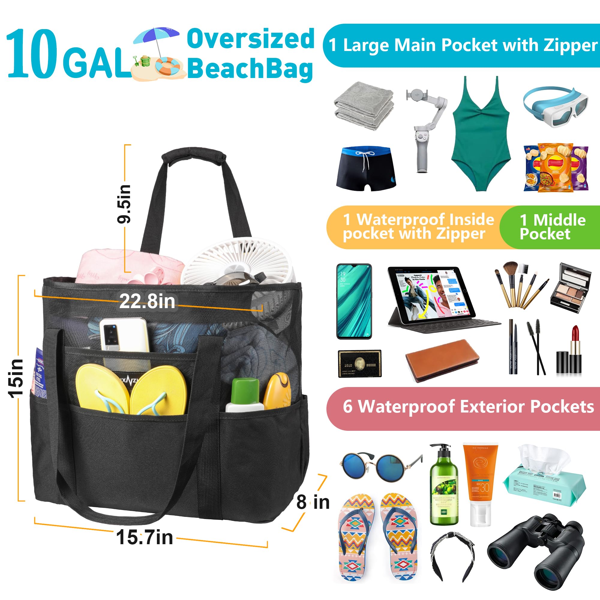 Mesh Beach Bag - Large Waterproof Beach Tote Bag with Zipper, Oversized Foldable Lightweight Family Swim Bag Vacation