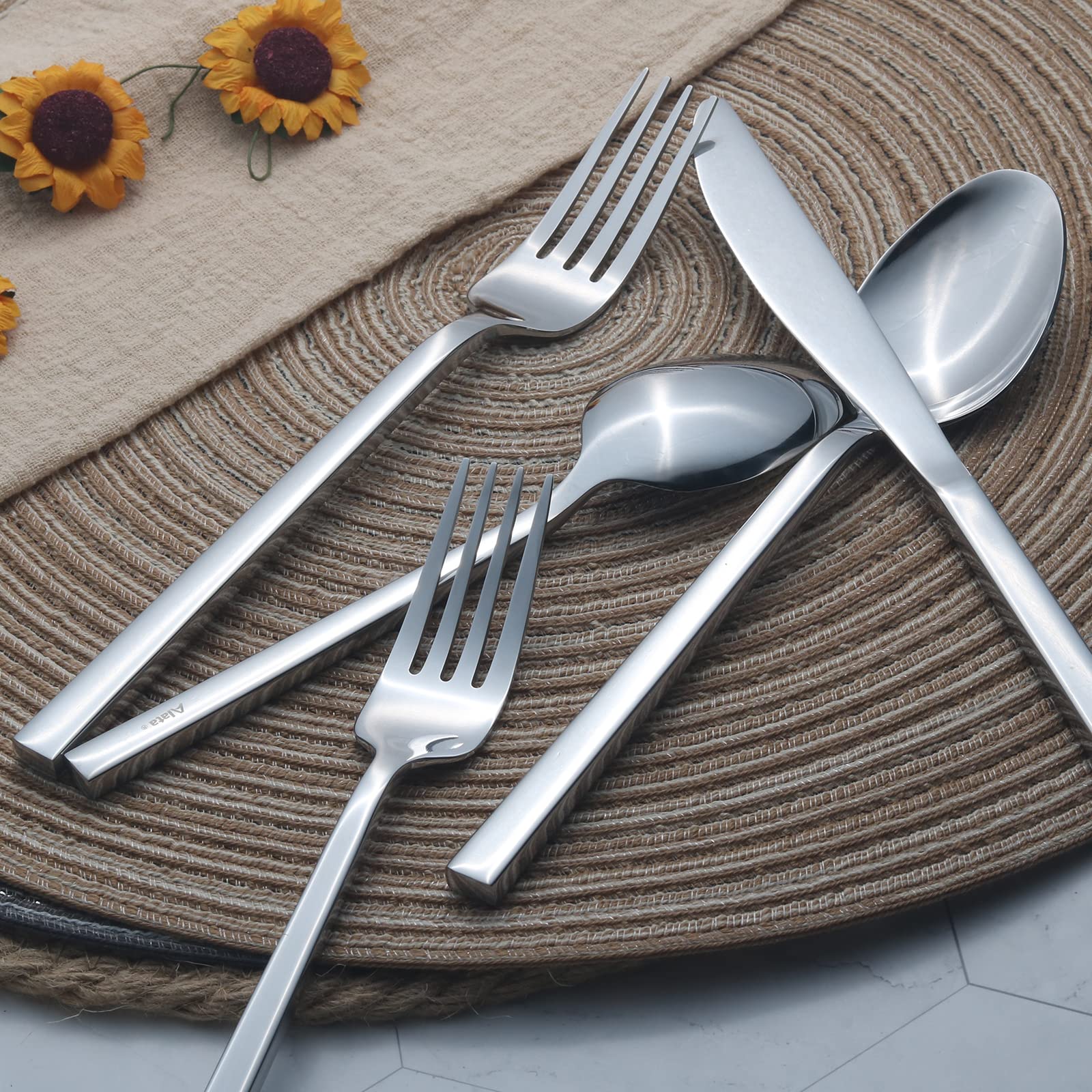 Alata Cube Black 20-Piece Forged Silverware Set Stainless Steel Flatware Set,Service for 4,Matte Satin Polished Cutlery Set,Dishwasher Safe