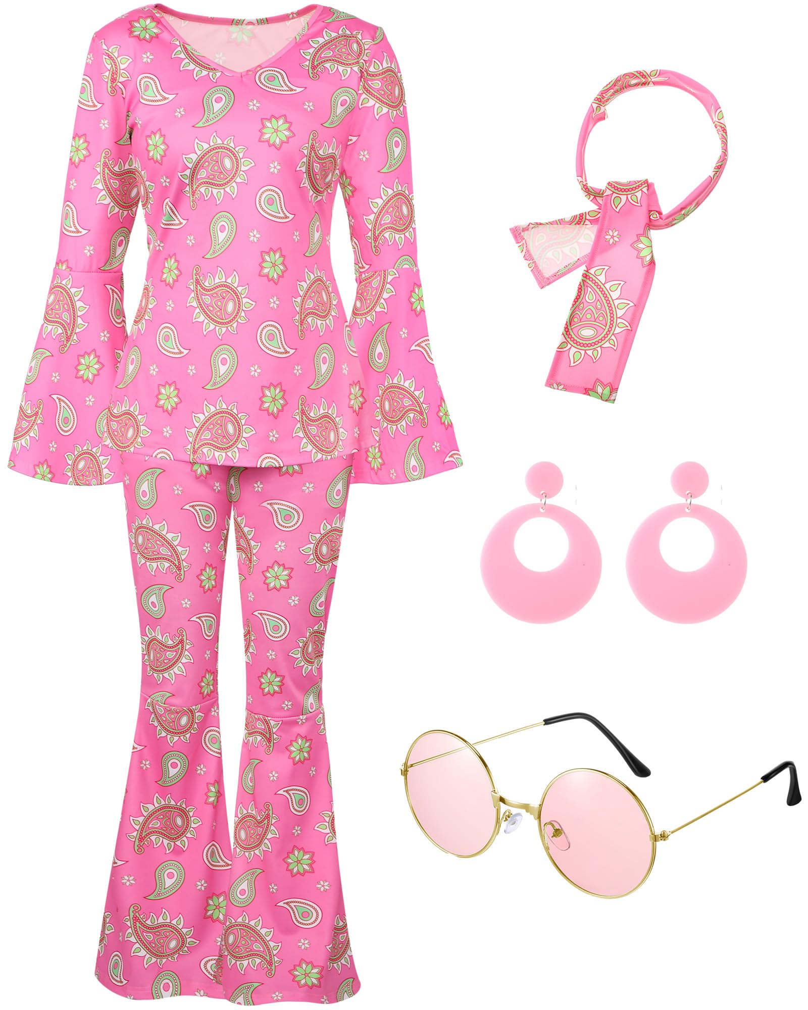 Leumoi 6 Pcs 60s 70s Disco Outfit Women Hippie Costume Accessories Flared Pants Headband Earrings Sunglass