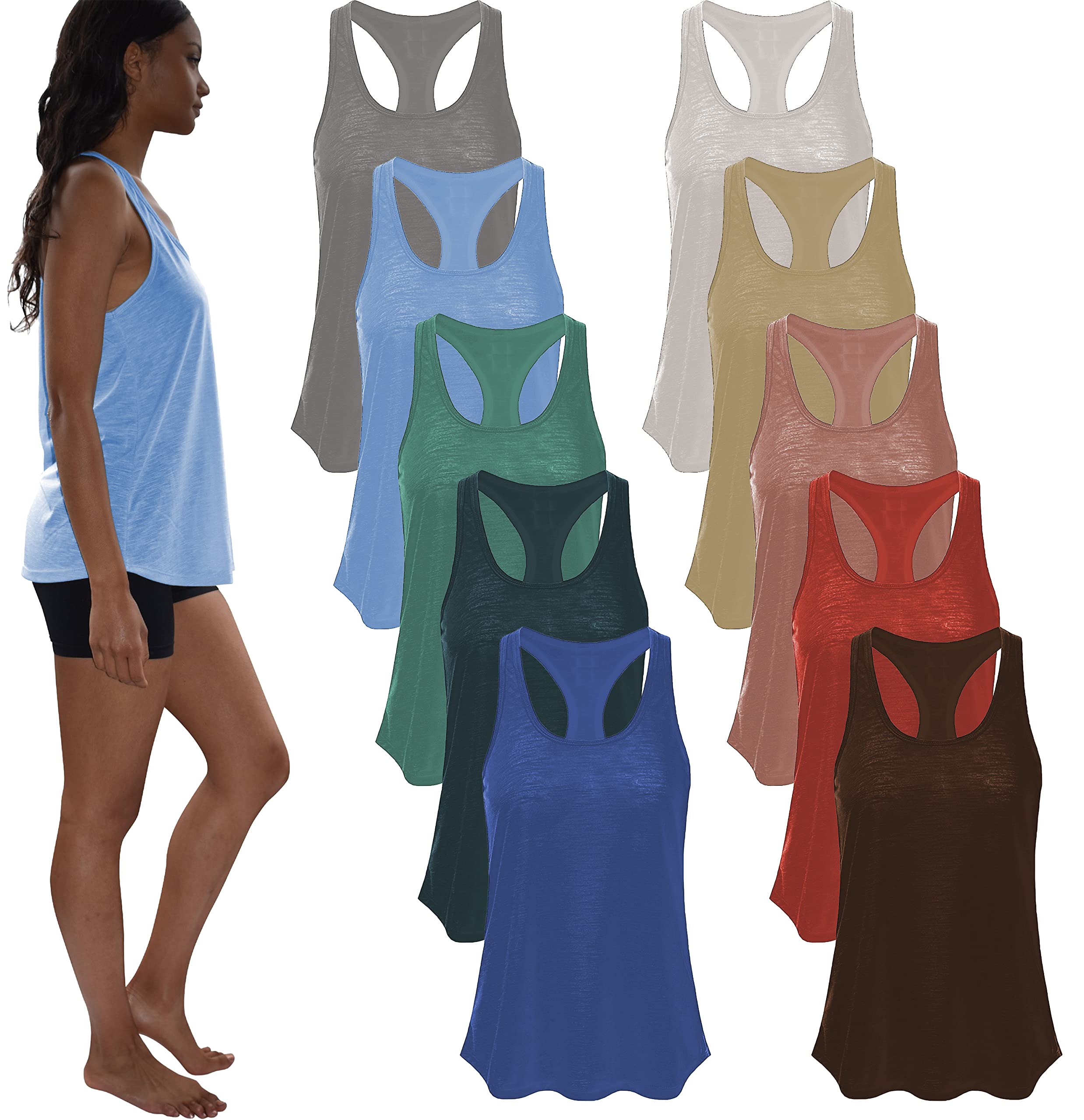 Sexy Basics Women's Everyday Flowy Burnout Slub Racer Back Tanks | Active Workout Tops | Multi Packs & Colors