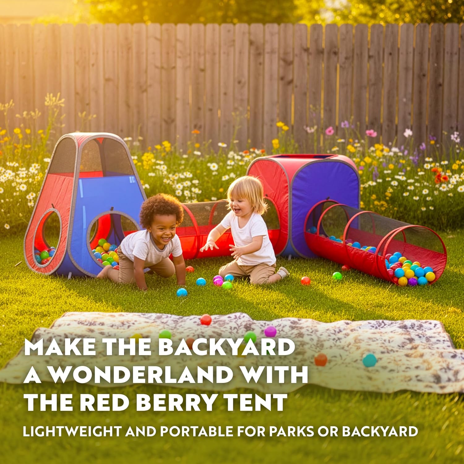 Playz 4pc Pop Up Play Tent and Tunnel Bundle for Toddlers and Kids - Indoor & Outdoor Playhouse with Storage Bag, Red & Blue