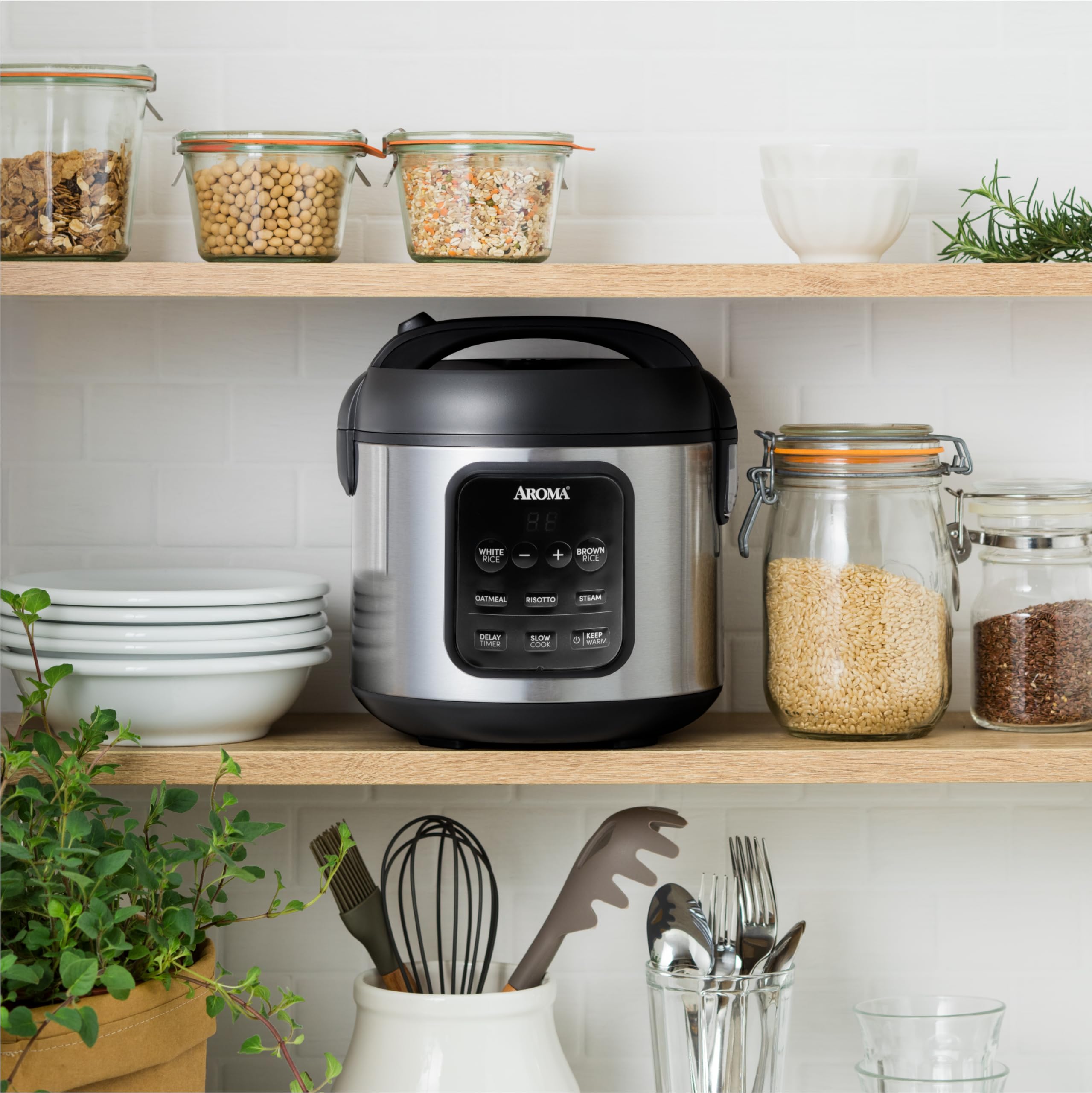 AROMA Digital Rice Cooker, 4-Cup (Uncooked) / 8-Cup (Cooked), 2 Qt, Steamer, Multicooker, Slow Cooker, Oatmeal Cooker, Auto Keep Warm, Stainless Steel Exterior