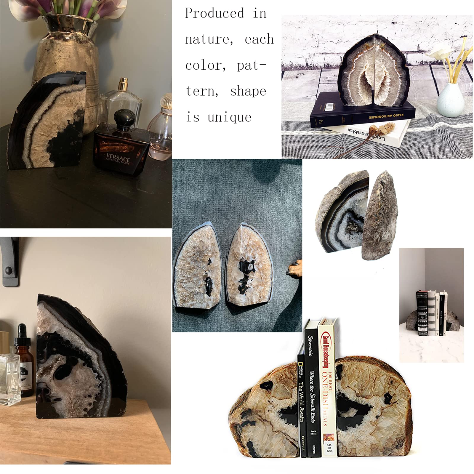 JIC Gem Black Agate Geode Bookends 2-3 Lbs Anti-Slip Rubber Pads Heavy Duty | 1Pair Natural Black Agate Crystal Decor for Shelves & Desk, Unique Small Stone Book Holder Gift for Office & Home Decoration