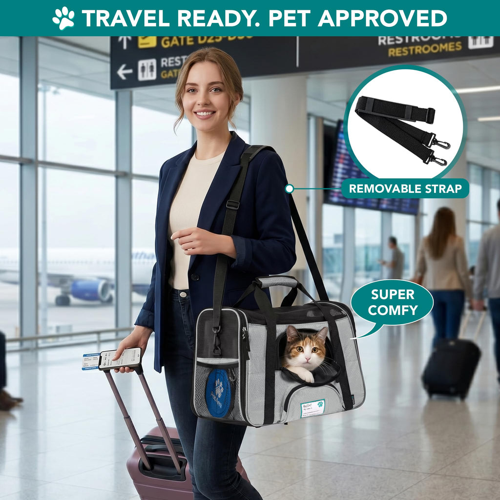 PetAmi Airline Approved Pet Carrier for Cats & Small Dogs, Soft Sided TSA Travel Carrier Bag with Sherpa Bed, Breathable Mesh Ventilation, Collapsible Bowl, Fits Under Seat, Up to 18 lbs, Small Black