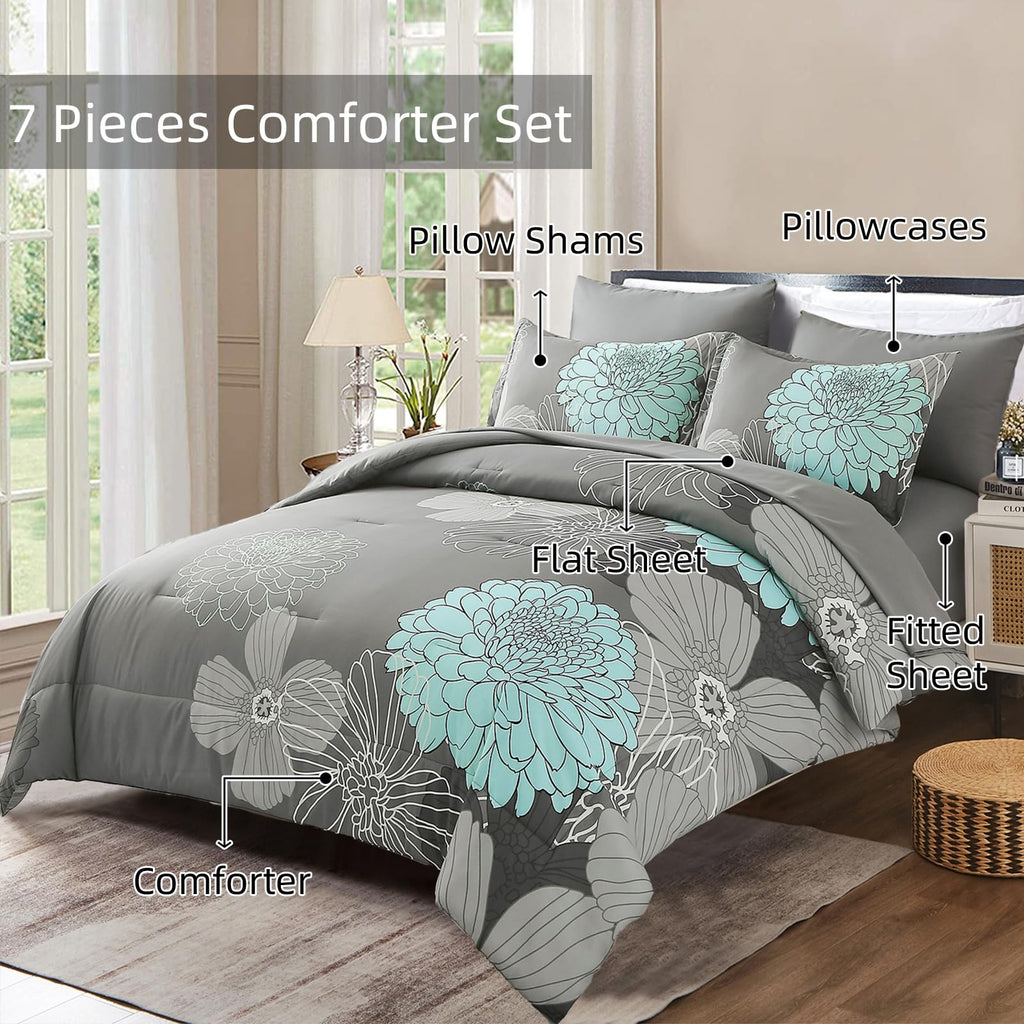 Yiran 7 Pieces Bed in a Bag Blue Floral Comforter Set Queen Size Flowers Comforter Set Soft Microfiber Bedding Set (1 Comforter 1 Flat Sheet 1 Fitted Sheet 2 Pillowshams 2 Pillowcases)