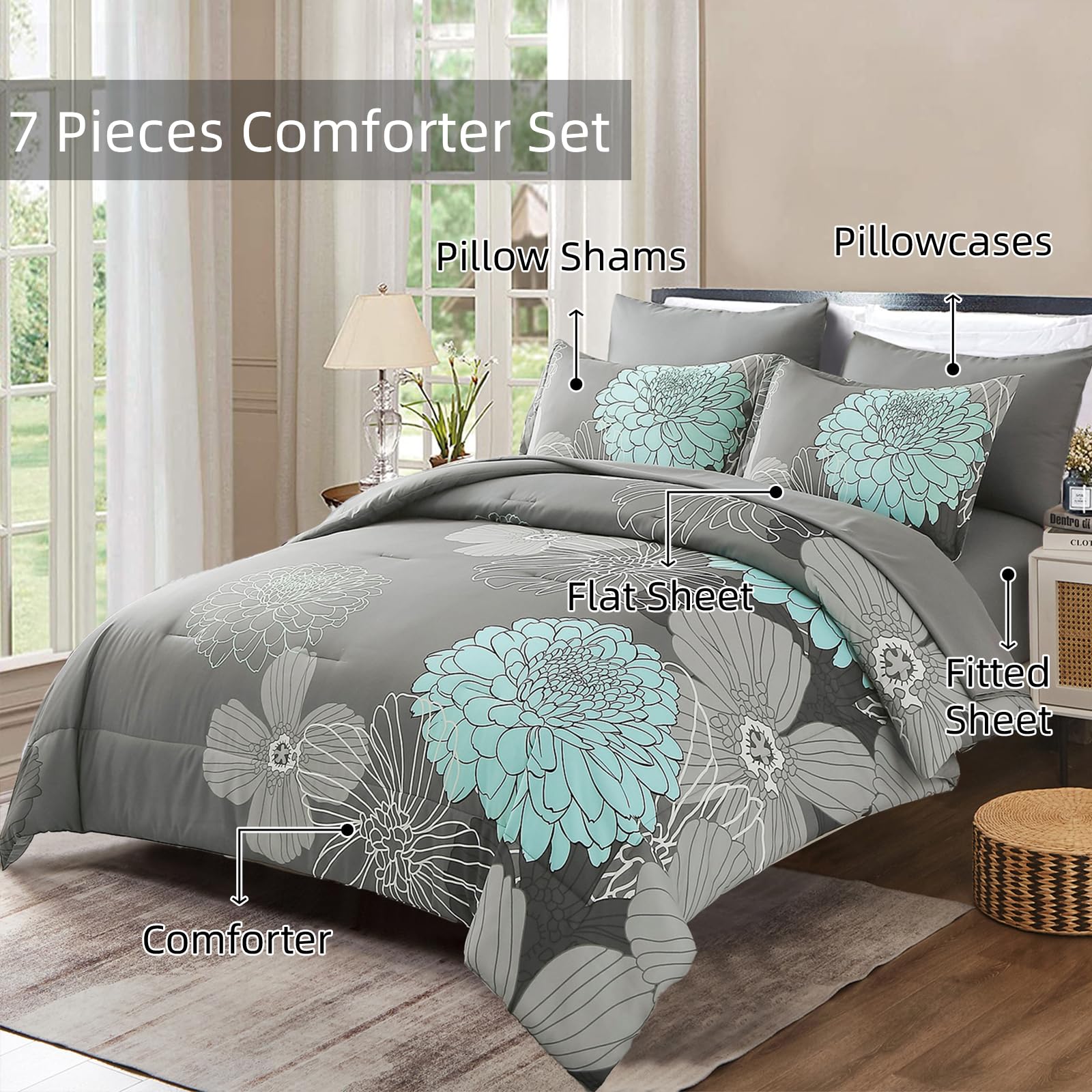Yiran 7 Pieces Bed in a Bag Blue Floral Comforter Set Queen Size Flowers Comforter Set Soft Microfiber Bedding Set (1 Comforter 1 Flat Sheet 1 Fitted Sheet 2 Pillowshams 2 Pillowcases)