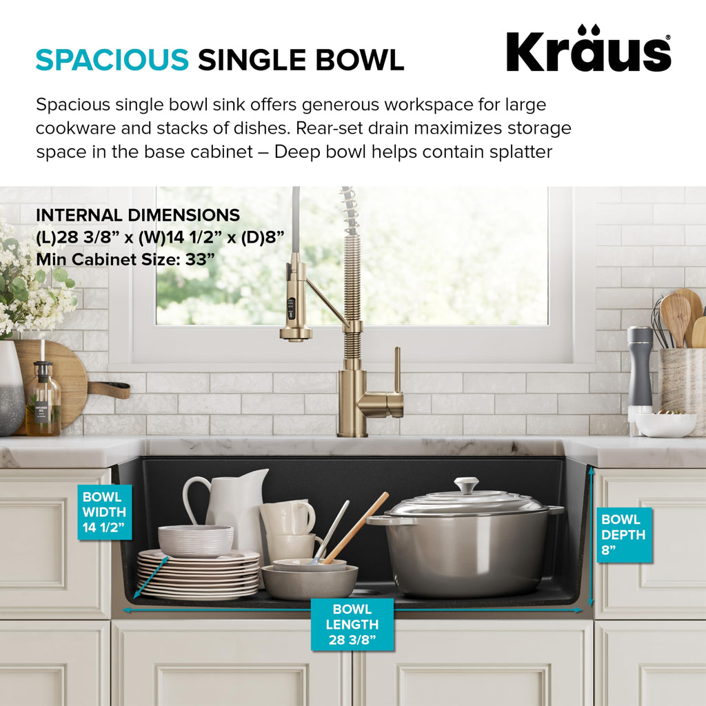 KRAUS Quarza 31-inch Undermount Single Bowl Granite Kitchen Sink in Black Onyx, KGU-413B