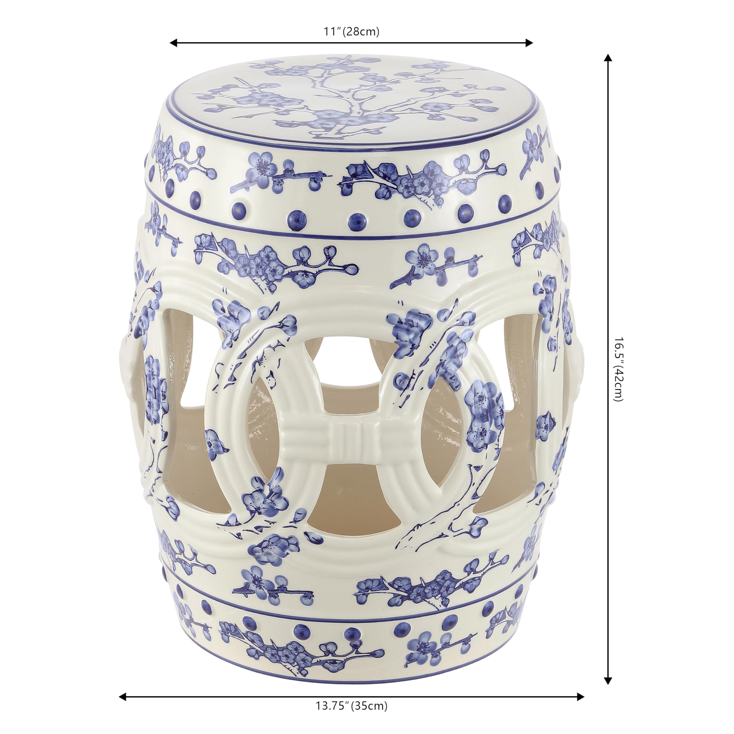 JONATHAN Y Lucky Coins 16" Ceramic Garden Stool, Contemporary Blue/White Cutout Interlocking Rings Drum Indoor/Outdoor Side Table and Plant Stand for Patio, Garden, Living Room TBL1027A