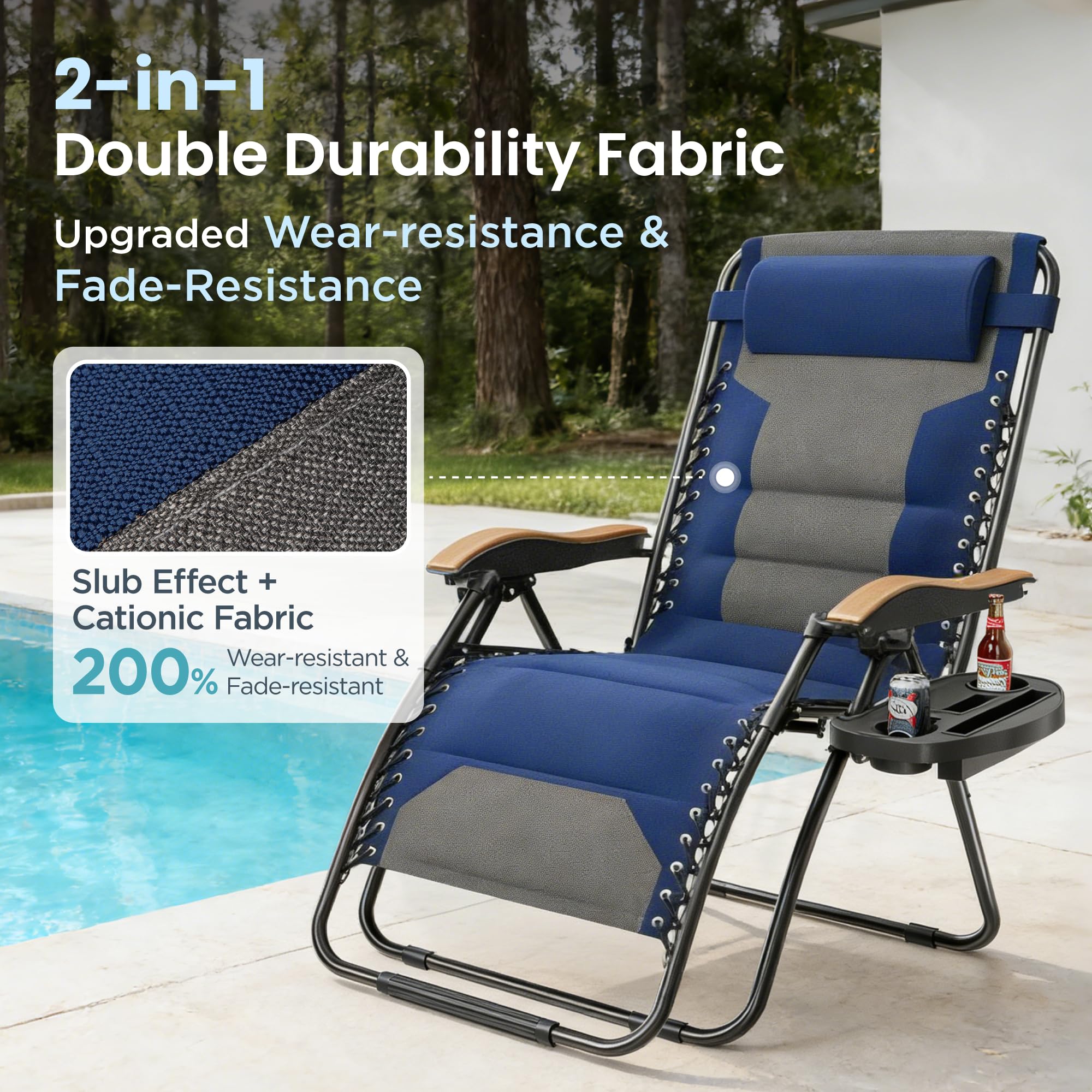 PHI VILLA XXL Oversized Padded Zero Gravity Chair Set of 2, Foldable Patio Recliner, 30" Wide Seat Anti Gravity Lounger with Armrest and Cup Holder, Support 400 LBS (Aqua Blue)