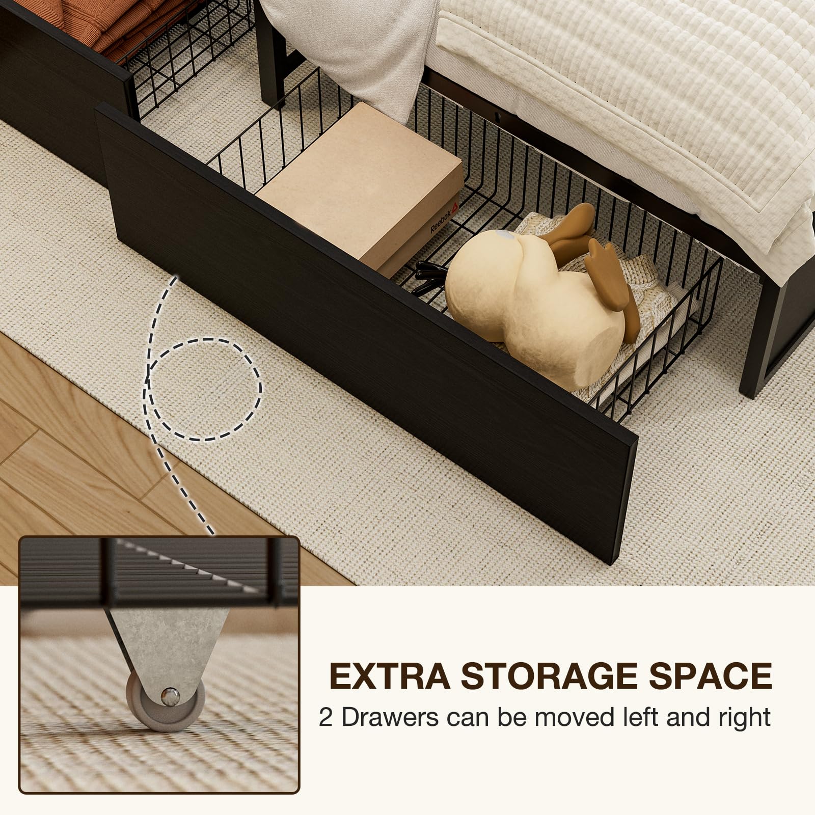 GAZHOME Twin Bed Frame with 2 XL Storage Drawers, Metal Platform Bed Frame with Footboard, 9 Strong Metal Slat Support/No Box Spring Needed/Easy Assembly/Space Saving Wood