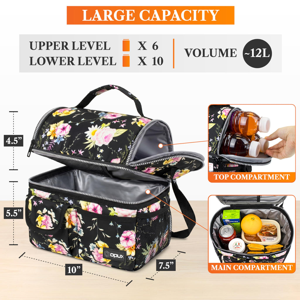 opux Insulated Lunch Bag Women Men, Dual Compartment Leakproof Lunch Box Adults Kids, Double Decker Meal Prep Bento Lunch Cooler Tote with Shoulder Strap for Work Office School Travel, Black