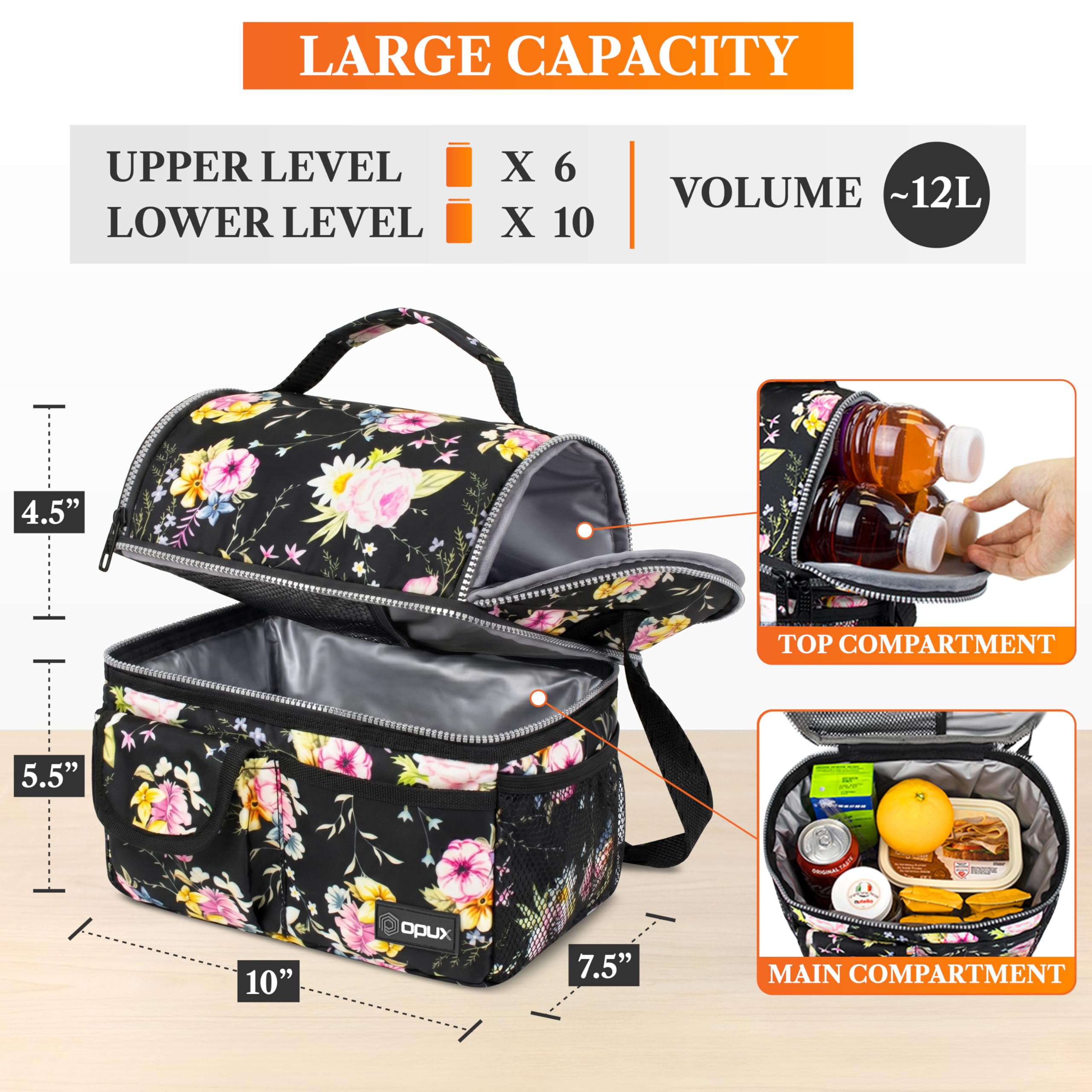 opux Insulated Lunch Bag Women Men, Dual Compartment Leakproof Lunch Box Adults Kids, Double Decker Meal Prep Bento Lunch Cooler Tote with Shoulder Strap for Work Office School Travel, Black