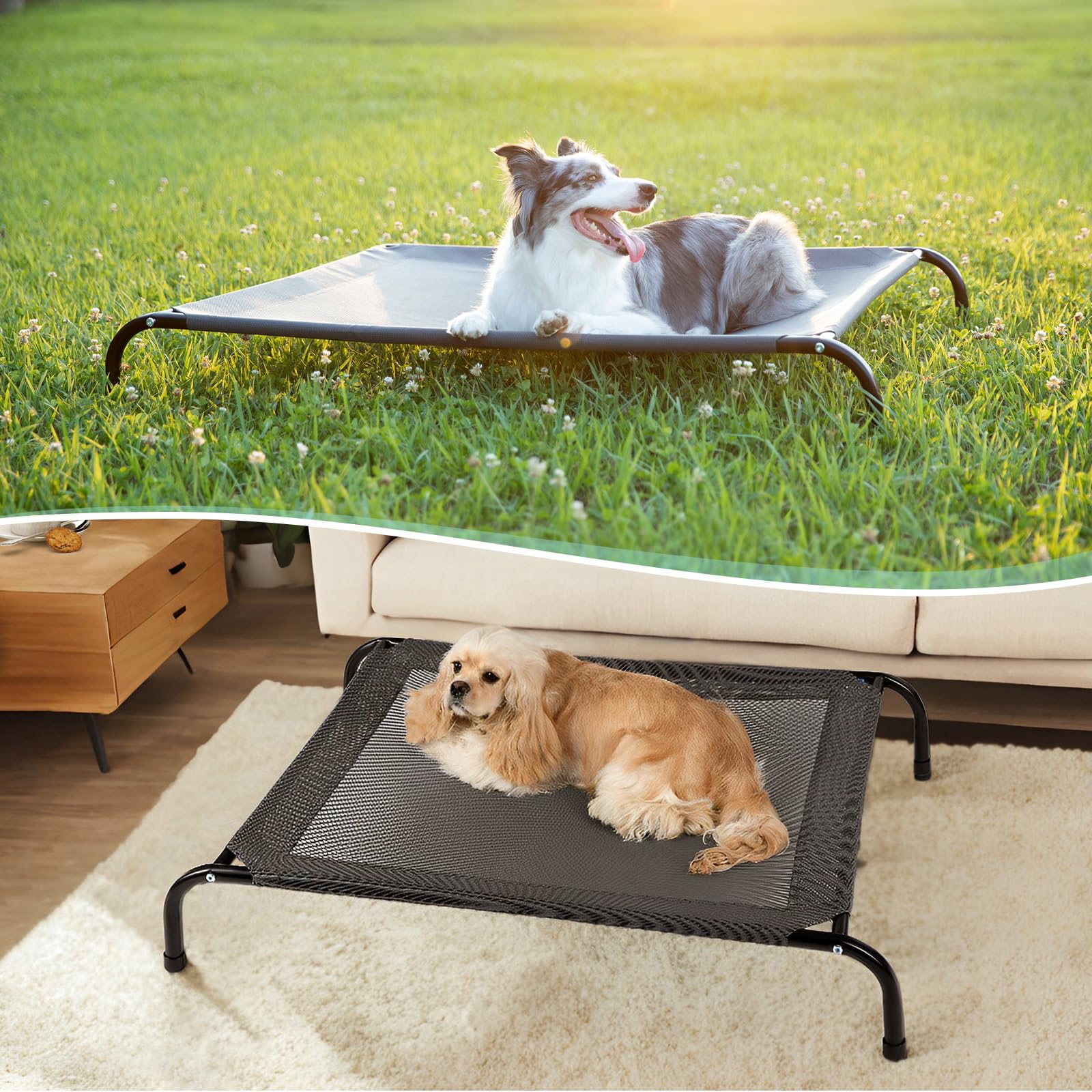 Cooling Elevated Dog Bed with Non-Slip Floor Protectors & Breathable Mesh, Raised Indoor & Outdoor Dog Cot Hammock, 34" L x 22" W x 8" Th, Small, Green