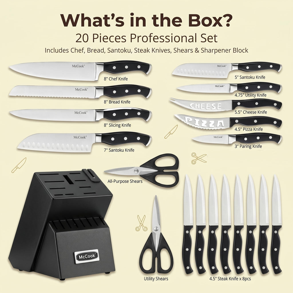 McCook® Knife Sets,German Stainless Steel Kitchen Knife Block Set with Built-in Sharpener, 20-Piece Razor-Sharp Kitchen Knives, Forged Triple Rivet,Full Tang,Ergonomic Handle,Elegant Box for Gift