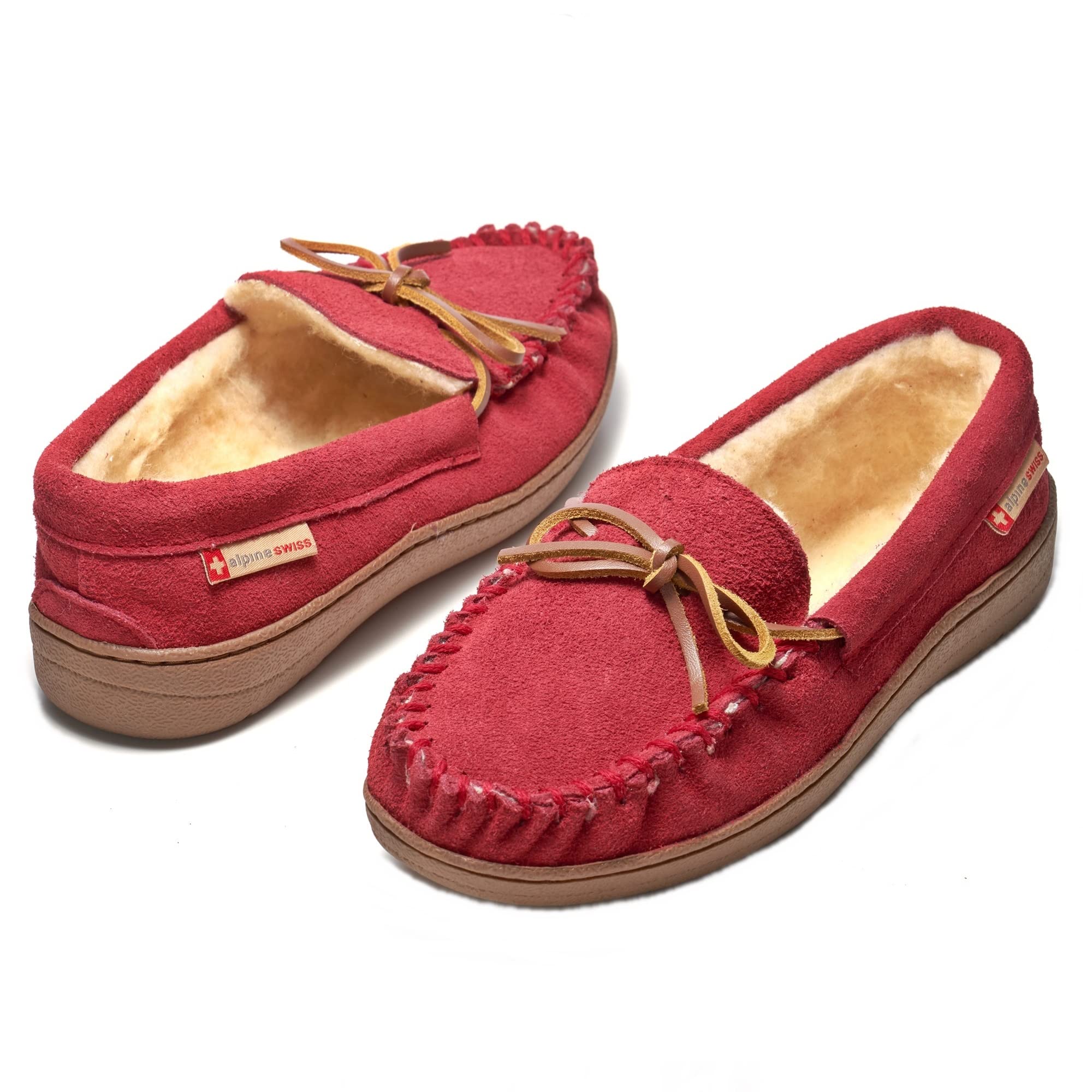 Alpine Swiss Sabine Womens Moccasin Slippers Genuine Suede House Shoe Memory Foam Insole Plush Faux Shearling Fur Indoor Outdoor Anti-Slip Rubber Sole