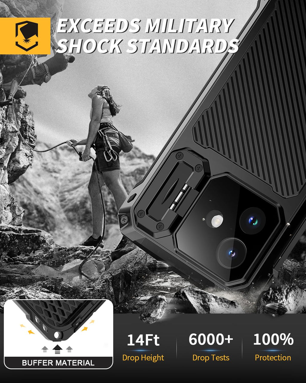 Lanhiem for iPhone 16 Metal Case with Camera Cover & Stand [Compatible with MagSafe] [Built-in Kickstand] [Military-Grade Protection] Heavy Duty Rugged Magnetic Phone Case, Black