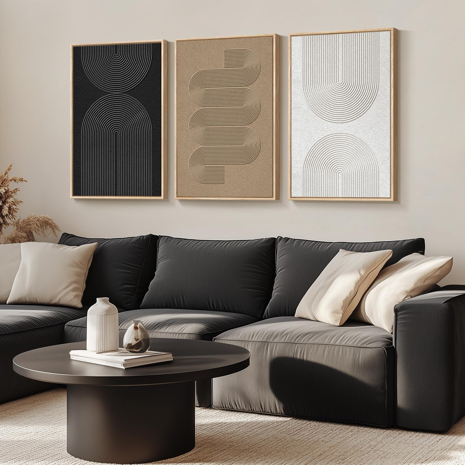 Framed Black and White Modern Abstract Wall Art, 3 Piece Canvas Prints Paintings Artwork for Walls, Minimalist Black White Grey Pictures for Living Room Dining Room Bedroom Office Wall Decor 16x24 In