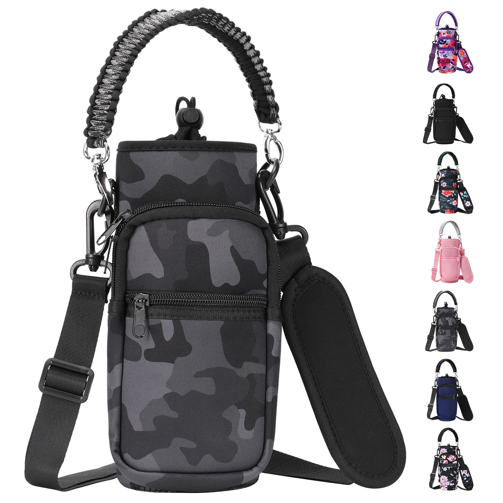 AceTreker 32/40/64/128 oz Neoprene Insulated Water Bottle Carrier Bag, Sling Bag Sleeve Pouch Holder with Strap & Paracord Handle and 2 Pocket for Travelling, Hiking, Camping