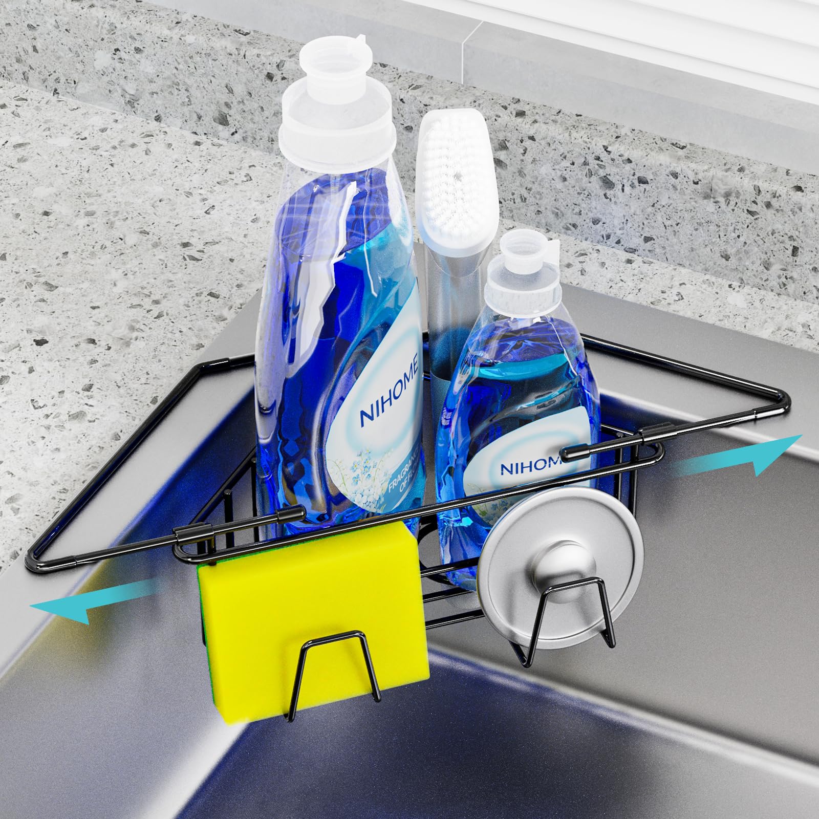 NiHome Extendable Arm Stainless Steel Kitchen Sink Corner Caddy, Easy Install Space-Saving Adjustable Sponge Holder, Non-Slip Rust-Resistant for Brushes, Soap, Sponges (Black)