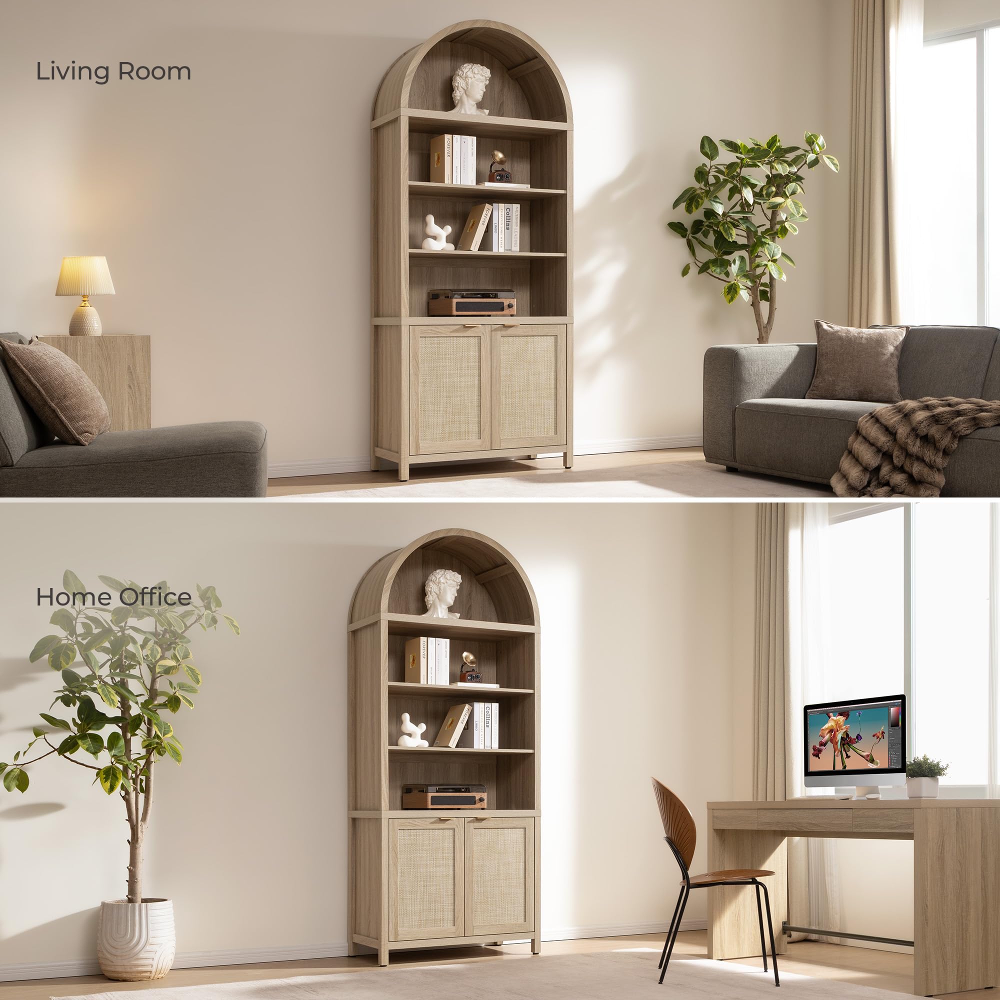 SICOTAS Book Shelf Arched Cabinet Bookshelf Arch 84.2" Tall Bookcase 5 Tier Large Bookshelves with Doors Storage Rattan Boho Wide Book Shelves Case for Living Room Kitchen Office Bedroom Library
