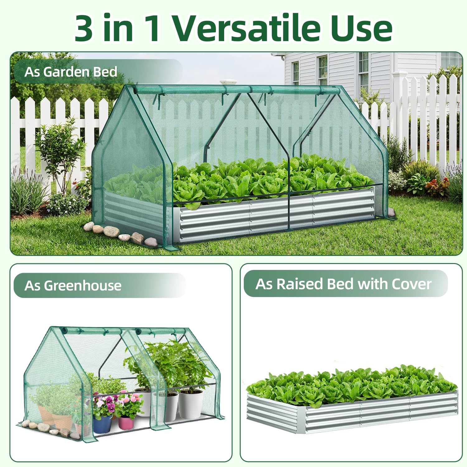 Ohuhu 8x4x1 FT Raised Garden Bed with Cover, 3-in-1 Galvanized Metal Planter Box with Greenhouse for Outdoor Plants, Dual-Side Access for Easy Plant Care, All-Season Frost & Pest Protection