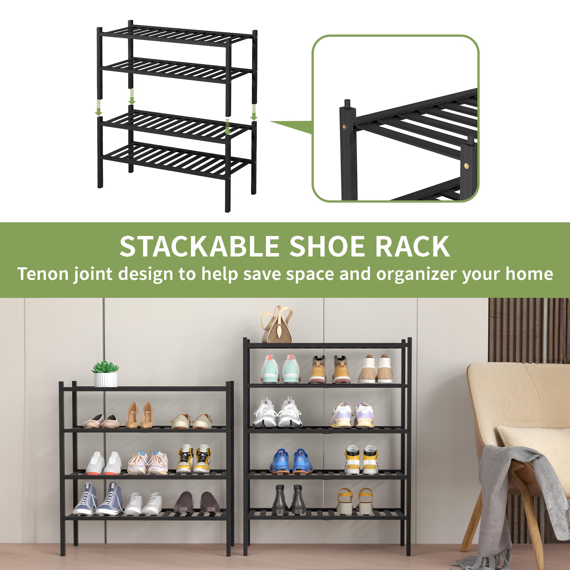 ROMGUAR CRAFT 2-Tier Bamboo Long Shoe Rack, Free Standing Wood Shoe Shelf Storage Organizer for Closet Entryway Stackable 35"x11"x13" (Black)