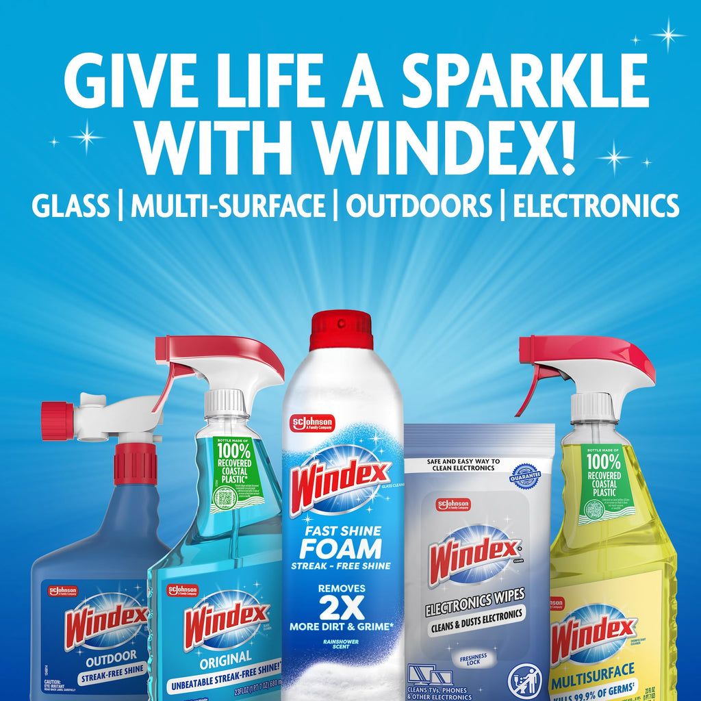 Windex Wipes Glass Cleaning Ammonia Free, Pre-Moistened Wipes for Cleaning All Glass Surfaces, Crystal Rain Fresh Scent, 25 Count