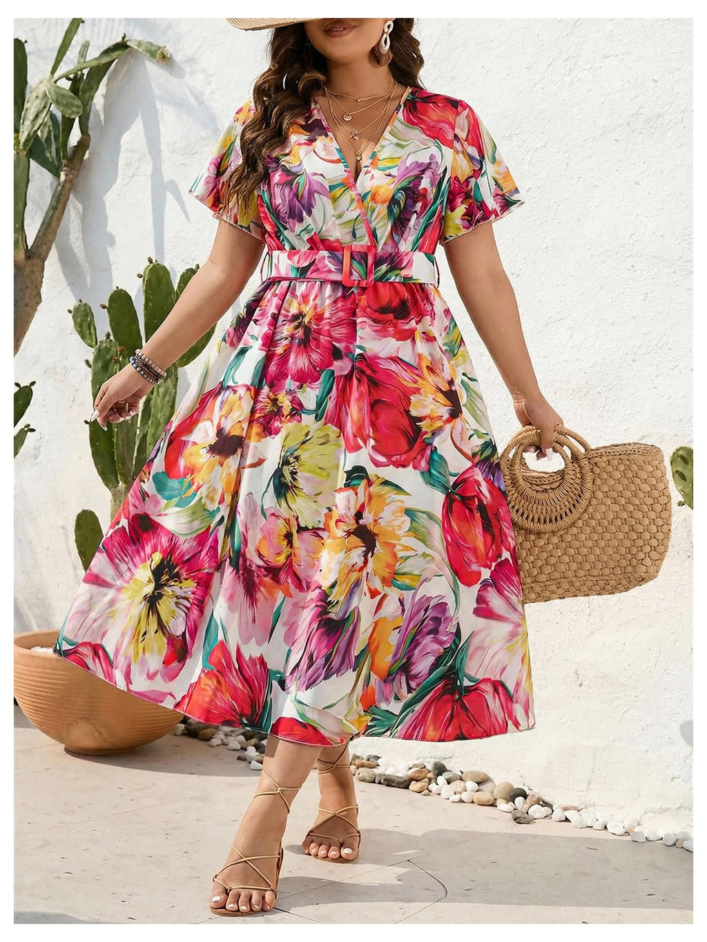 Floerns Women's Plus Size Boho Hawaiian Tropical Dresses V Neck Short Sleeve Floral A Line Long Dress Vacation Beach Outfits