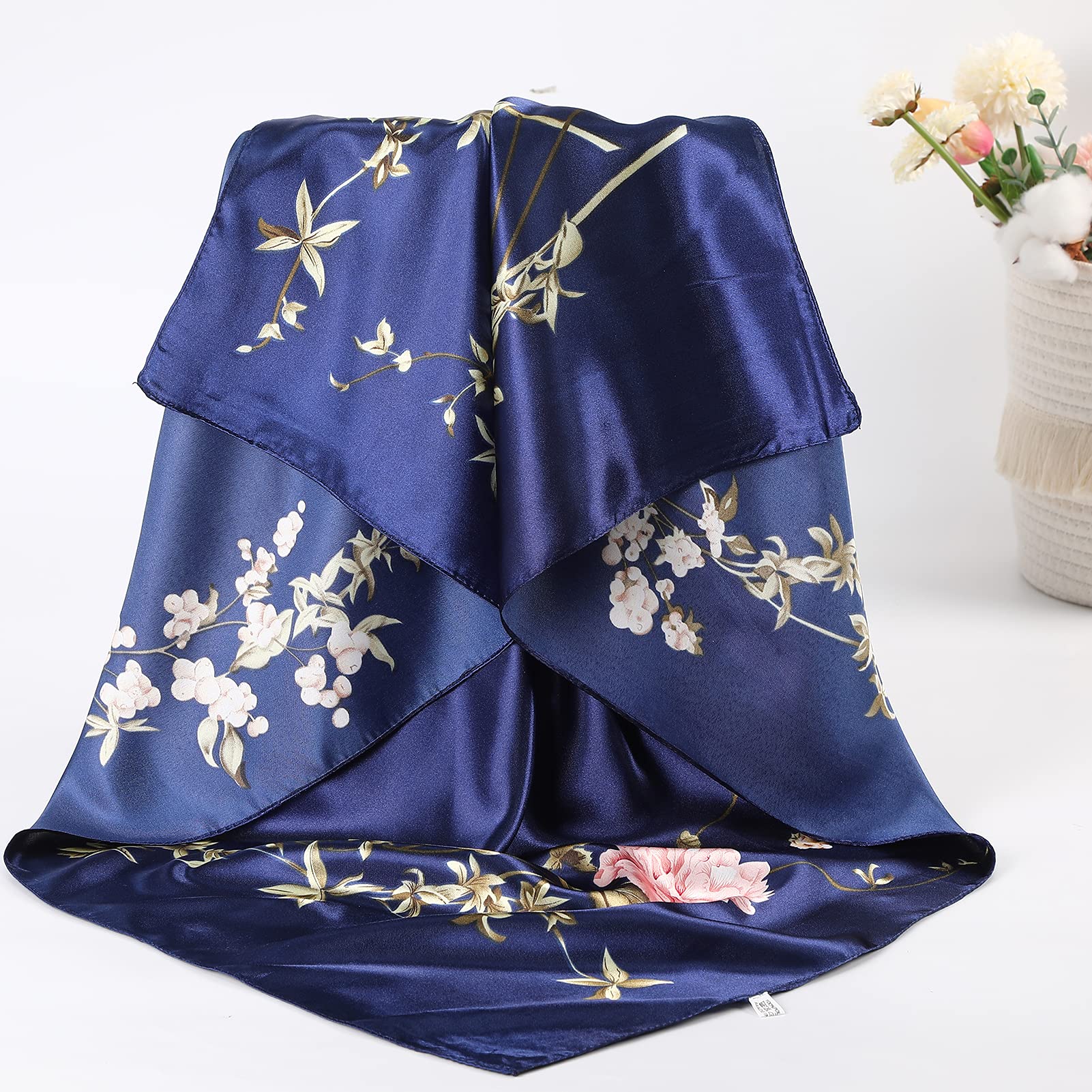 AWAYTR 35” Large Satin Square Head Scarf - 2Pcs Silk Like Floral Head Scarves Square Satin Hair Scarf Bandanas for Women