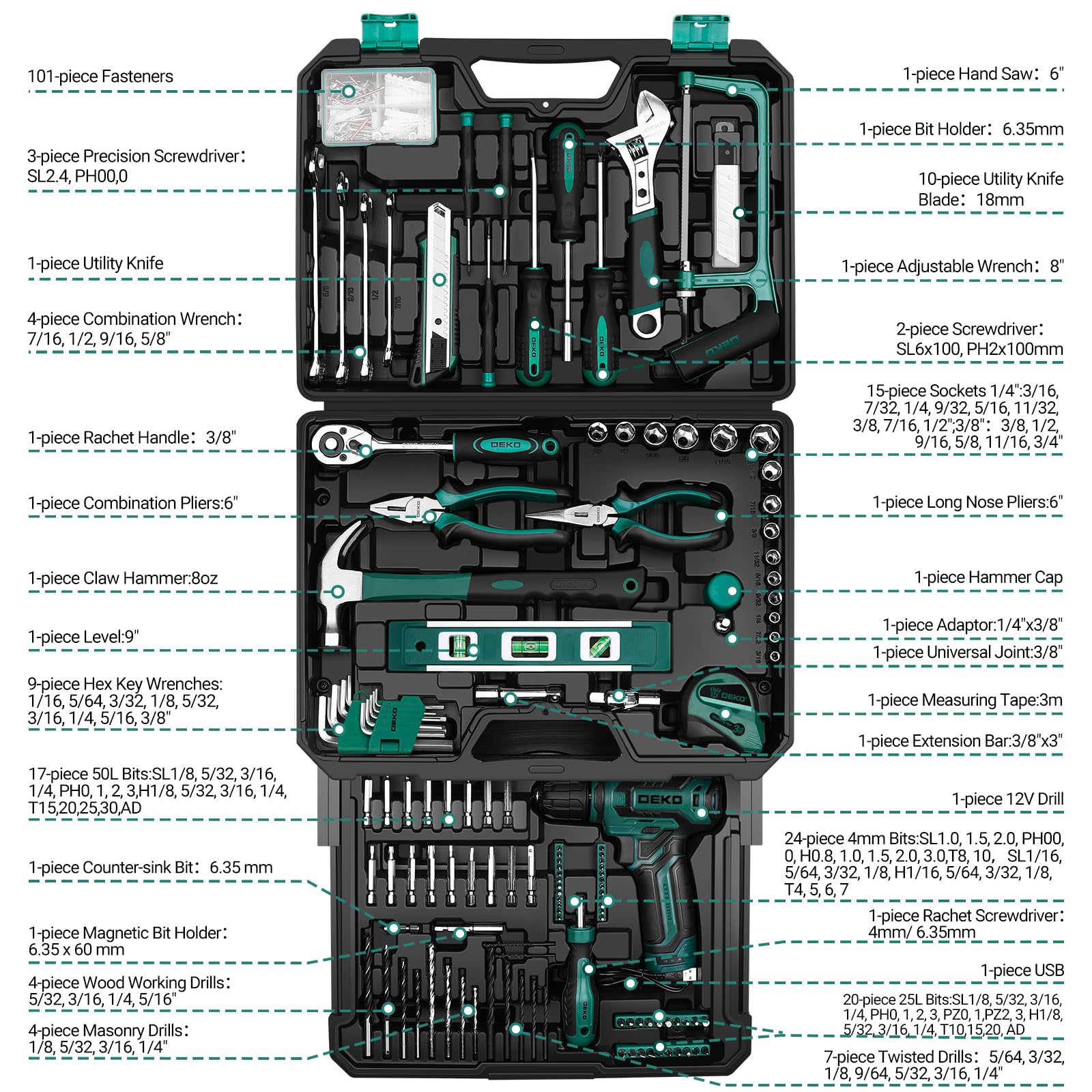 Tool Set: Tool Kit with 12V Cordless Drill, Hand Toolbox with storage case, Mechanic Tool set for Home Repairs, Green
