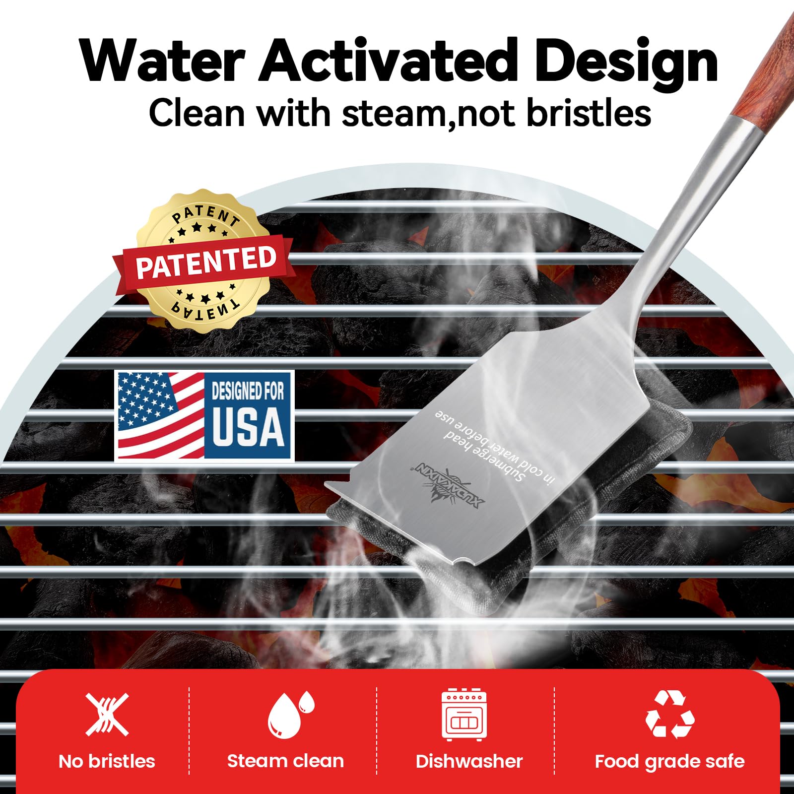 Bristle-Free Steam Cleaning Grill Brush — Features an Extended Luxurious Rosewood Handle and a Unique Wavy pad that Seamlessly fits cast Iron and Stainless Steel grates