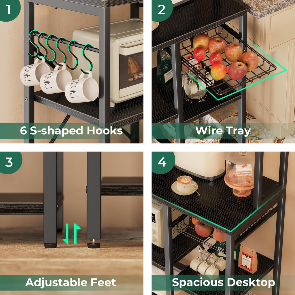 SUPERJARE Bakers Rack with Power Outlet, 35.4 Inches Coffee Bar with Wire Basket, Kitchen Microwave Stand with 6 S-Shaped Hooks, Open Storage Shelves, Black