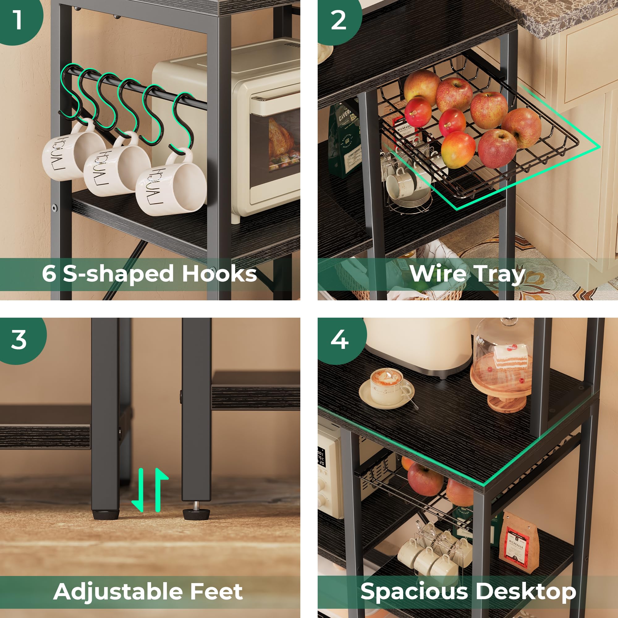 SUPERJARE Bakers Rack with Power Outlet, 35.4 Inches Coffee Bar with Wire Basket, Kitchen Microwave Stand with 6 S-Shaped Hooks, Open Storage Shelves, Black