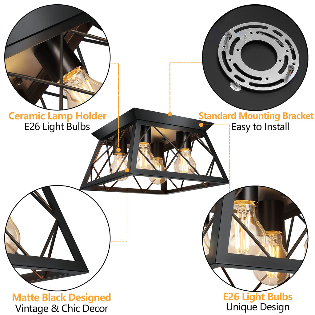 FadimiKoo 2-Light Black Flush Mount Ceiling Light Fixture, Industrial Hallway Light Fixtures Ceiling Mount for Farmhouse Kitchen, Square Cage Ceiling Lamp for Dining Room, Living Room, Entryway