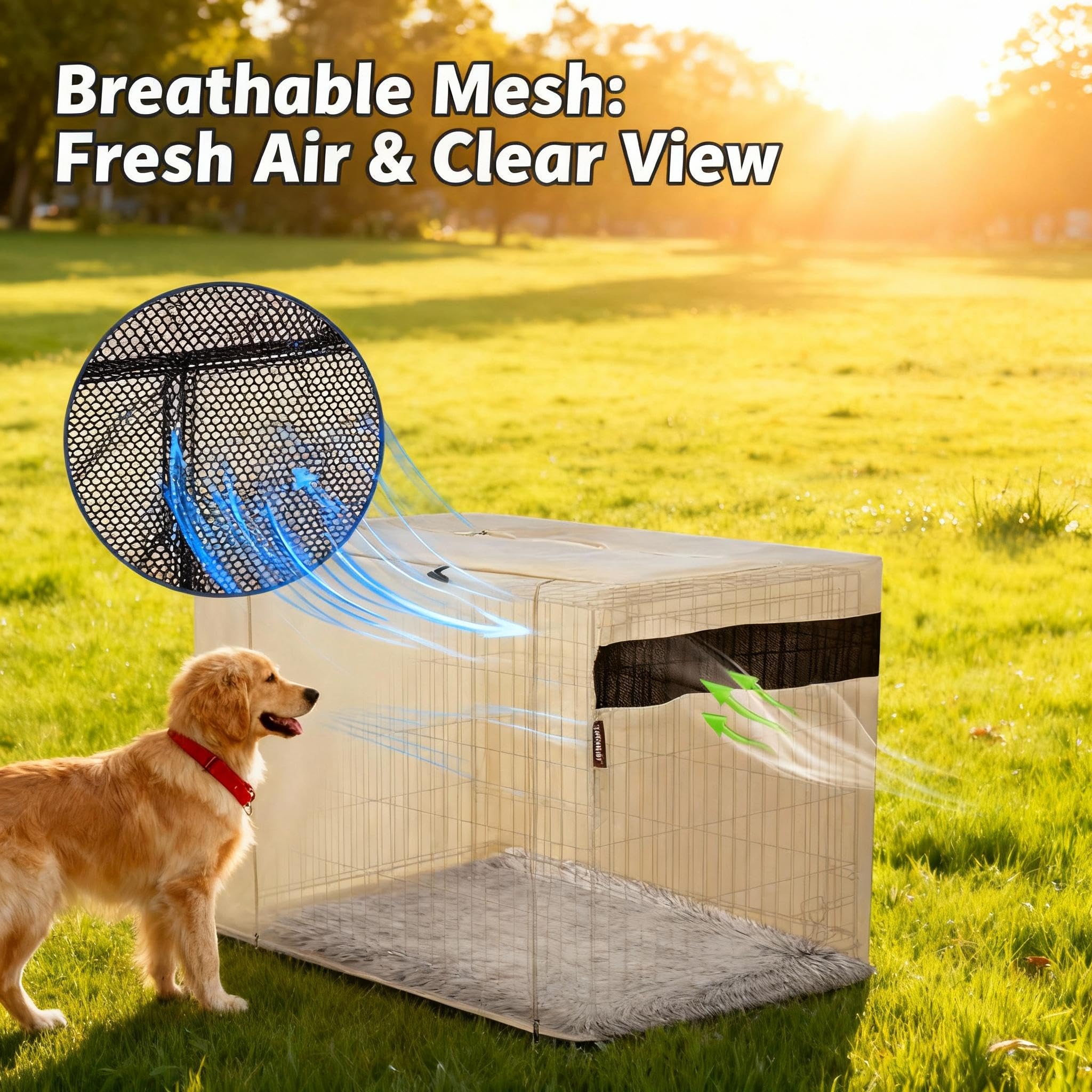 HiCaptain Dog Crate Cover 24.0" L x 18.0" W x 20.0" H with Breathable Mesh, Durable Heavy Duty Kennel Cover, Dual Zippered Panels, Windproof Waterproof UV-Resistant(Beige)