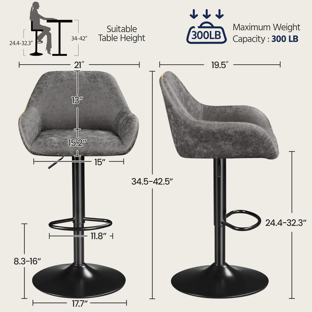 Yaheetech Bar Stools Set of 2, PU Leather Swivel Counter Height Barstools, Adjustable Bar Chairs with Backrest and Footrest, Kitchen Island Stool for Home Kitchen, Black