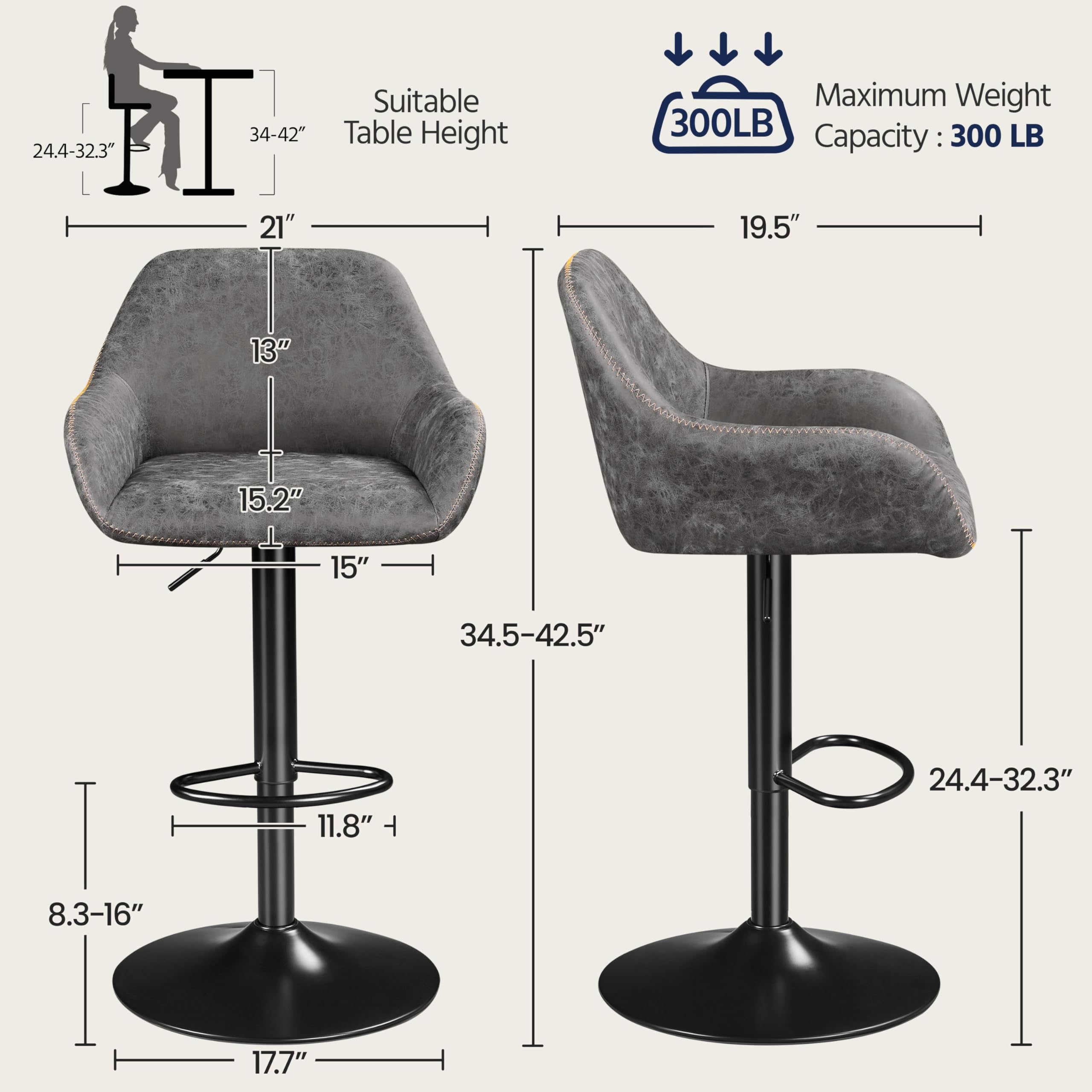 Yaheetech Bar Stools Set of 2, PU Leather Swivel Counter Height Barstools, Adjustable Bar Chairs with Backrest and Footrest, Kitchen Island Stool for Home Kitchen, Black