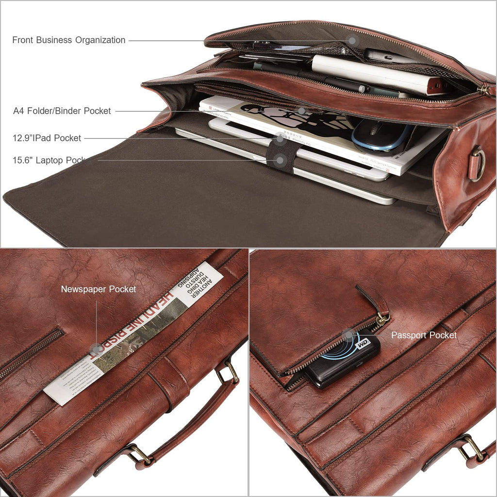 ESTARER Men's Leather Briefcase 15.6 Inch Laptop Computer Bag for Office/Business/Travel, Large Satchel Professional Pu Leather Messenger Shoulder Bag, Black