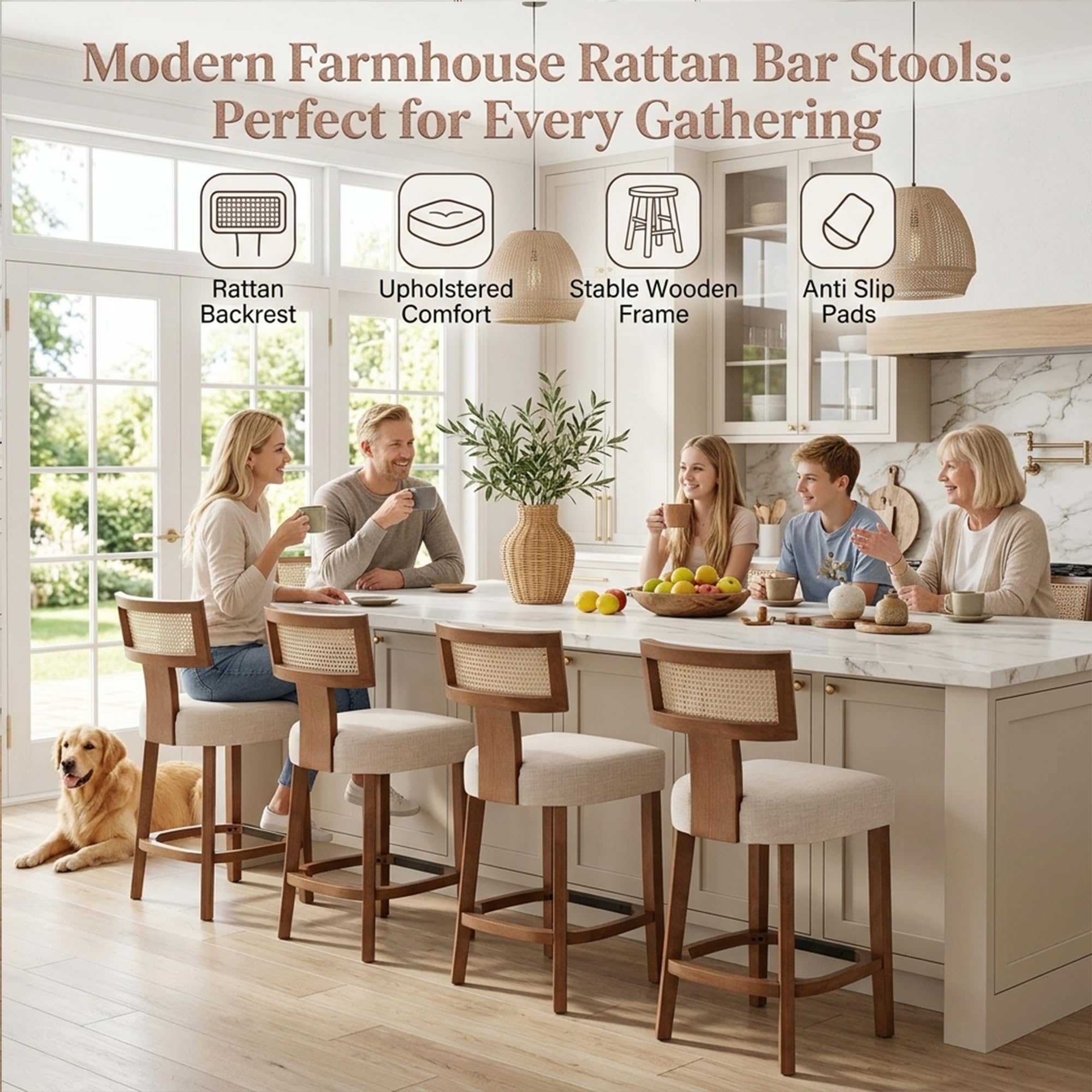 Farmhouse 30'' Extra Tall Bar Stools Set of 2 Modern Counter Height Barstools with Backs Rustic Wood Bar Stools Linen Upholstered Counter Chairs Kitchen Island Stool Chairs with Wood Frame, Beige