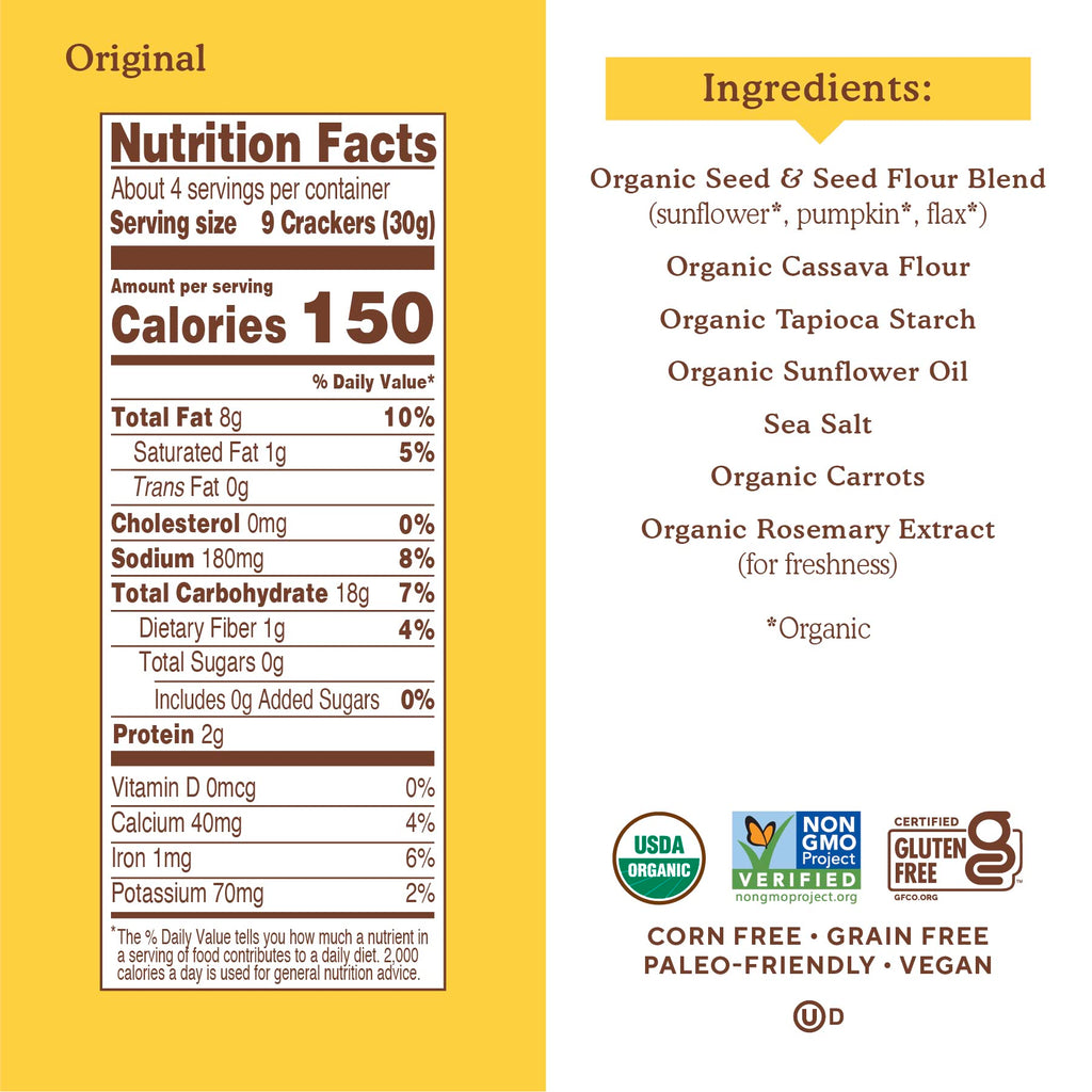 Simple Mills Organic Seed Crackers, Original, Gluten Free, Flax Seed, Sunflower Seeds, Corn Free, Low-Calorie Snacks, Plant Based, Nutrient Dense, 4.25oz, Pack of 1