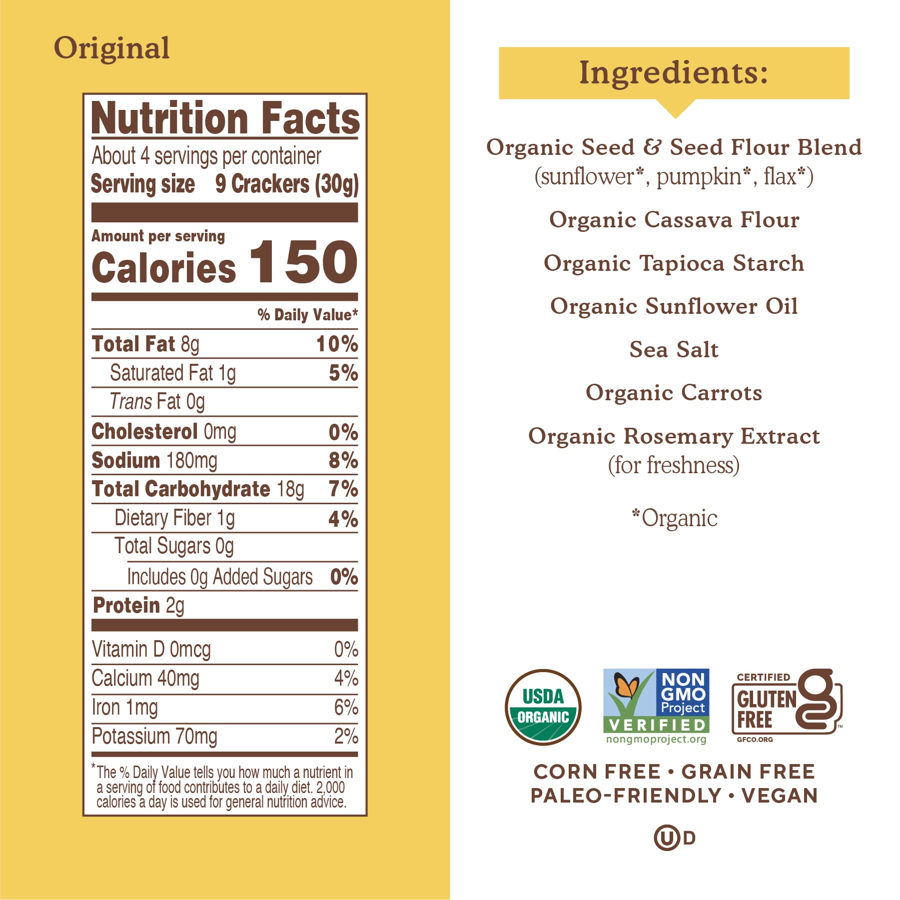 Simple Mills Organic Seed Crackers, Original, Gluten Free, Flax Seed, Sunflower Seeds, Corn Free, Low-Calorie Snacks, Plant Based, Nutrient Dense, 4.25oz, Pack of 1