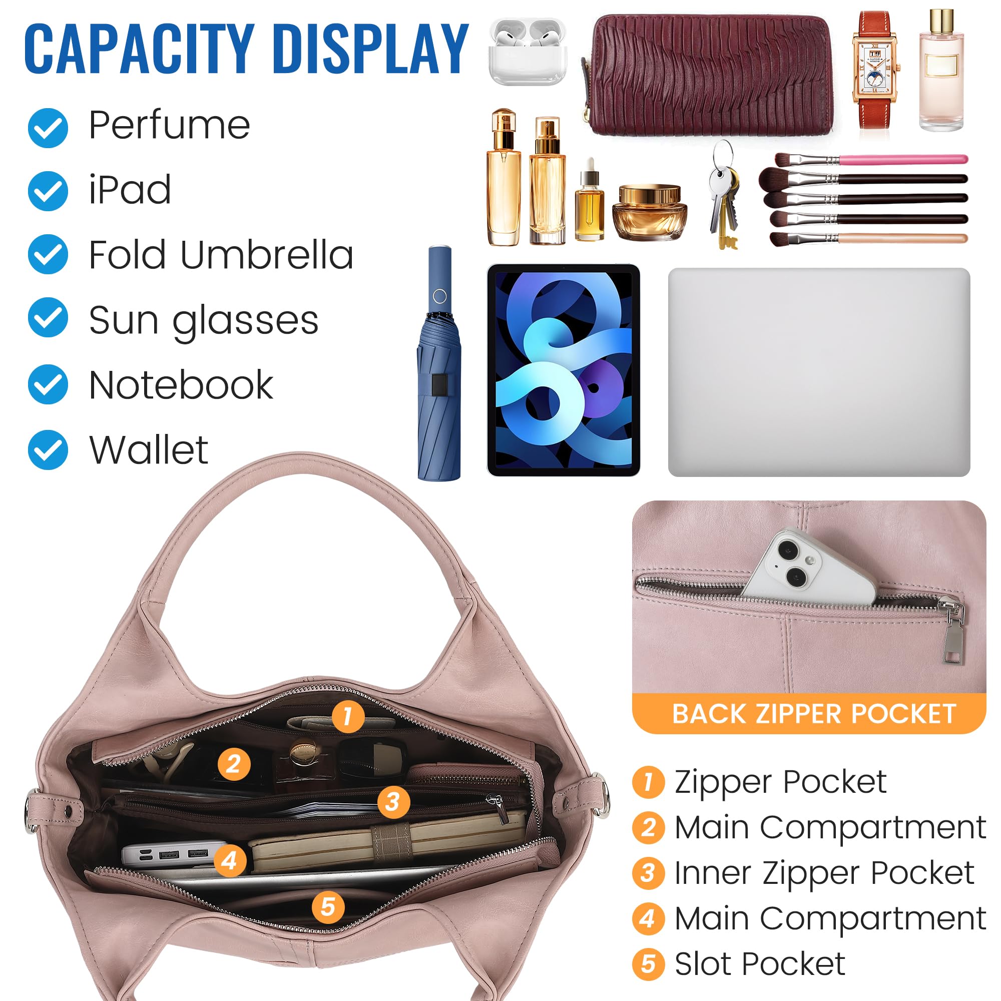 KOGTLA Medium Vegan Leather Purses for Women with Detachable Satchel Strap, Ladies Handbags, Tote Hobo Bags with Two-Handle
