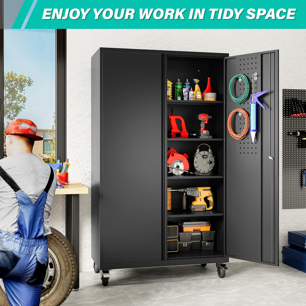 SISESOL Wide & Deep Metal Storage Cabinet with Wheels,Tall Rolling Garage Storage Cabinet with Lock,Black Metal Cabinets with Pegboards and Shelves,Tool Locker for Garage,Home,Office,43''Wx 20''Dx71"H