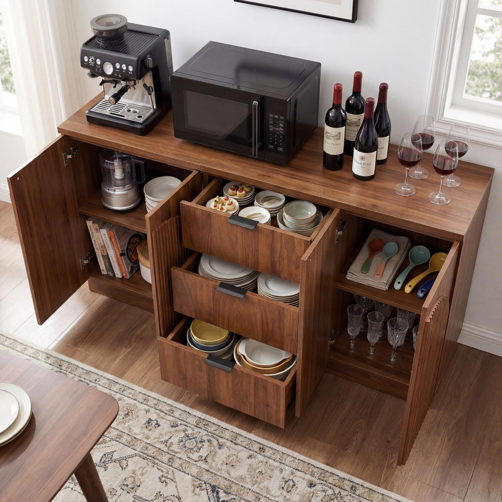 Yechen 55" Fluted Sideboard Buffet Cabinet with Storage, Wood Mid Century Modern Credenza Cabinet w/Arched Reeded Doors & Adjustable Shelves for Kitchen, Living Room, Entryway
