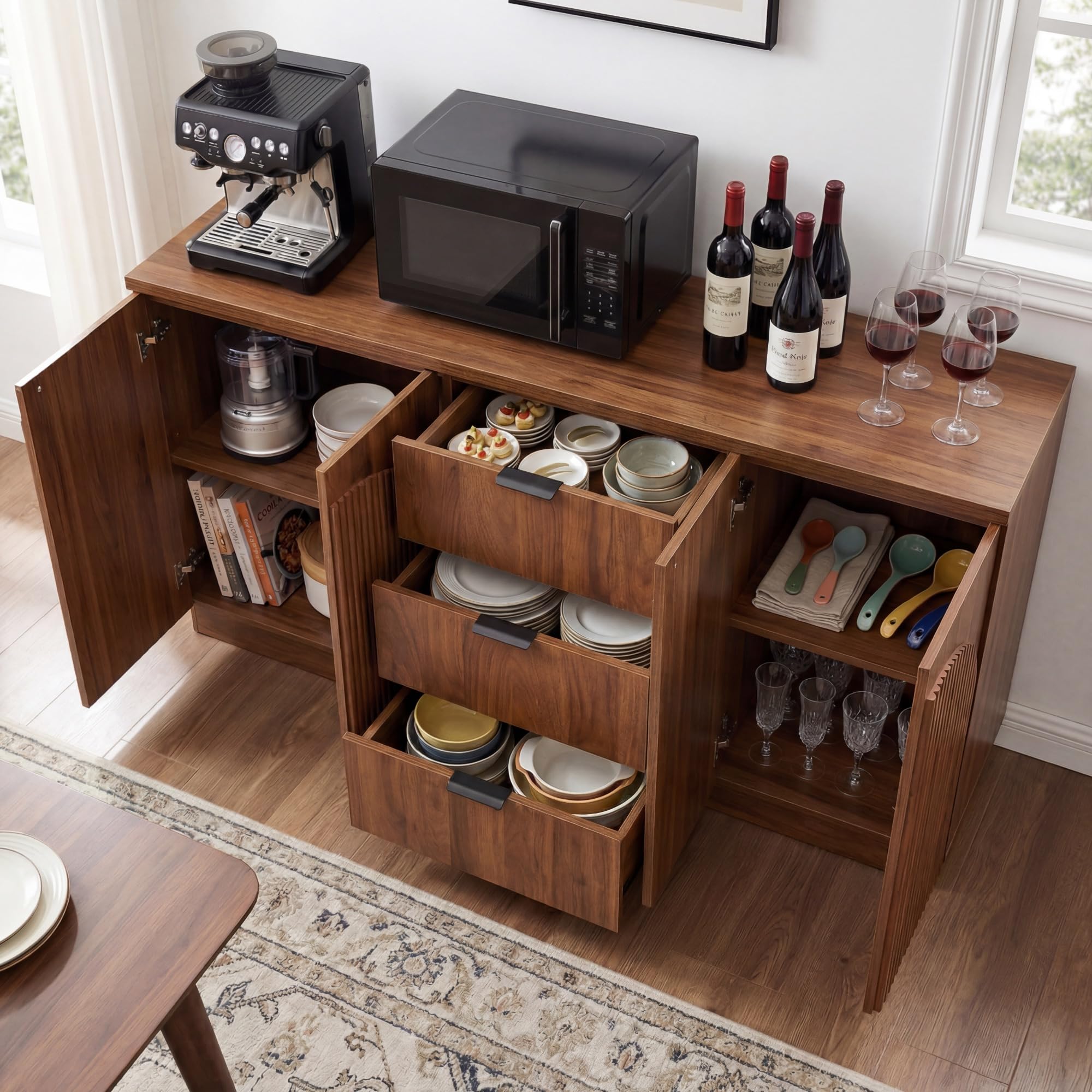 Yechen 55" Fluted Sideboard Buffet Cabinet with Storage, Wood Mid Century Modern Credenza Cabinet w/Arched Reeded Doors & Adjustable Shelves for Kitchen, Living Room, Entryway
