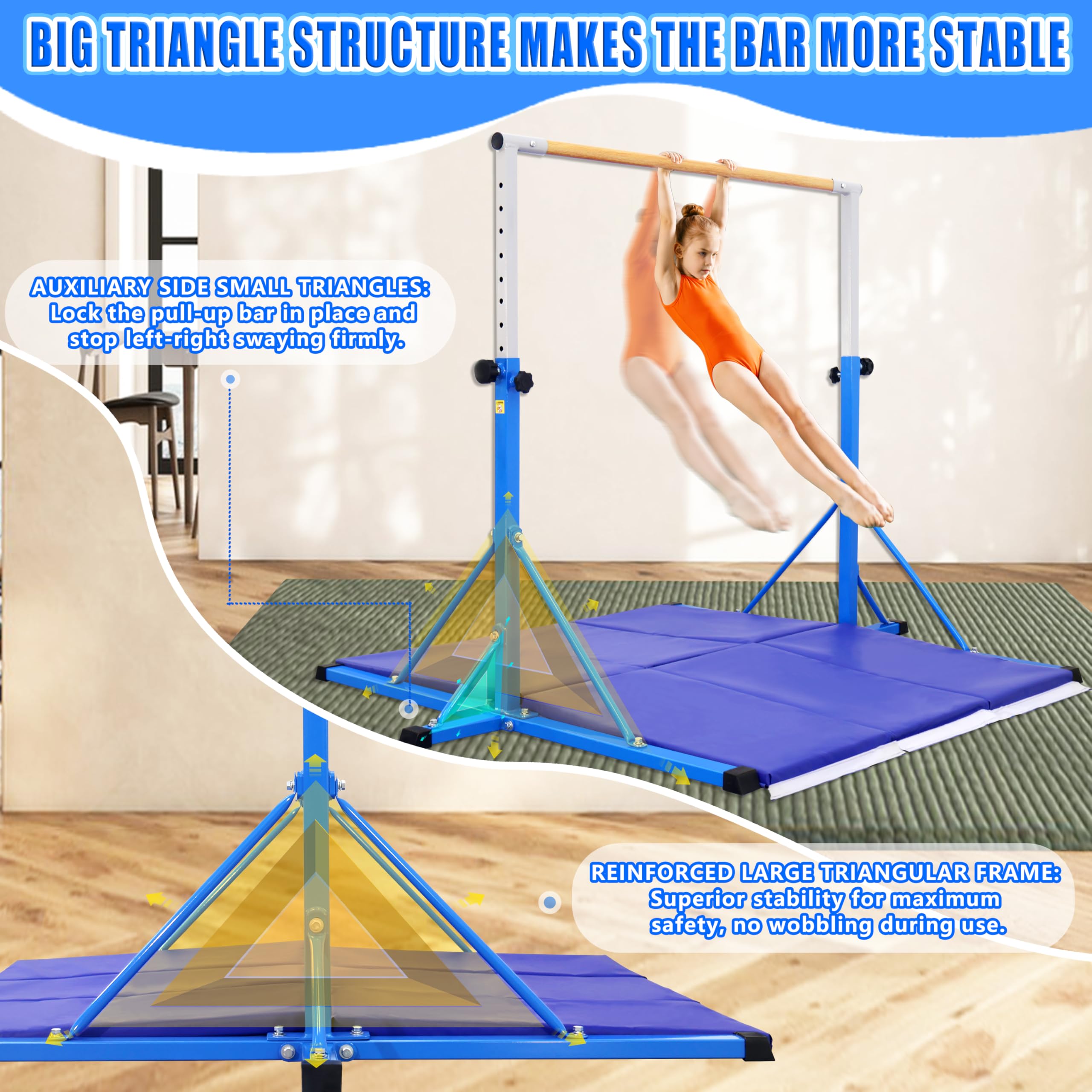 FC FUNCHEER Gymnastics Bar for Kids Ages 3-15, 35" to 60" Adjustable Height, 4FT Wide Base - Professional Kip Bar with 360° Stability & Fiberglass Crossbar, Easy Fold&Solid Design for Home Training
