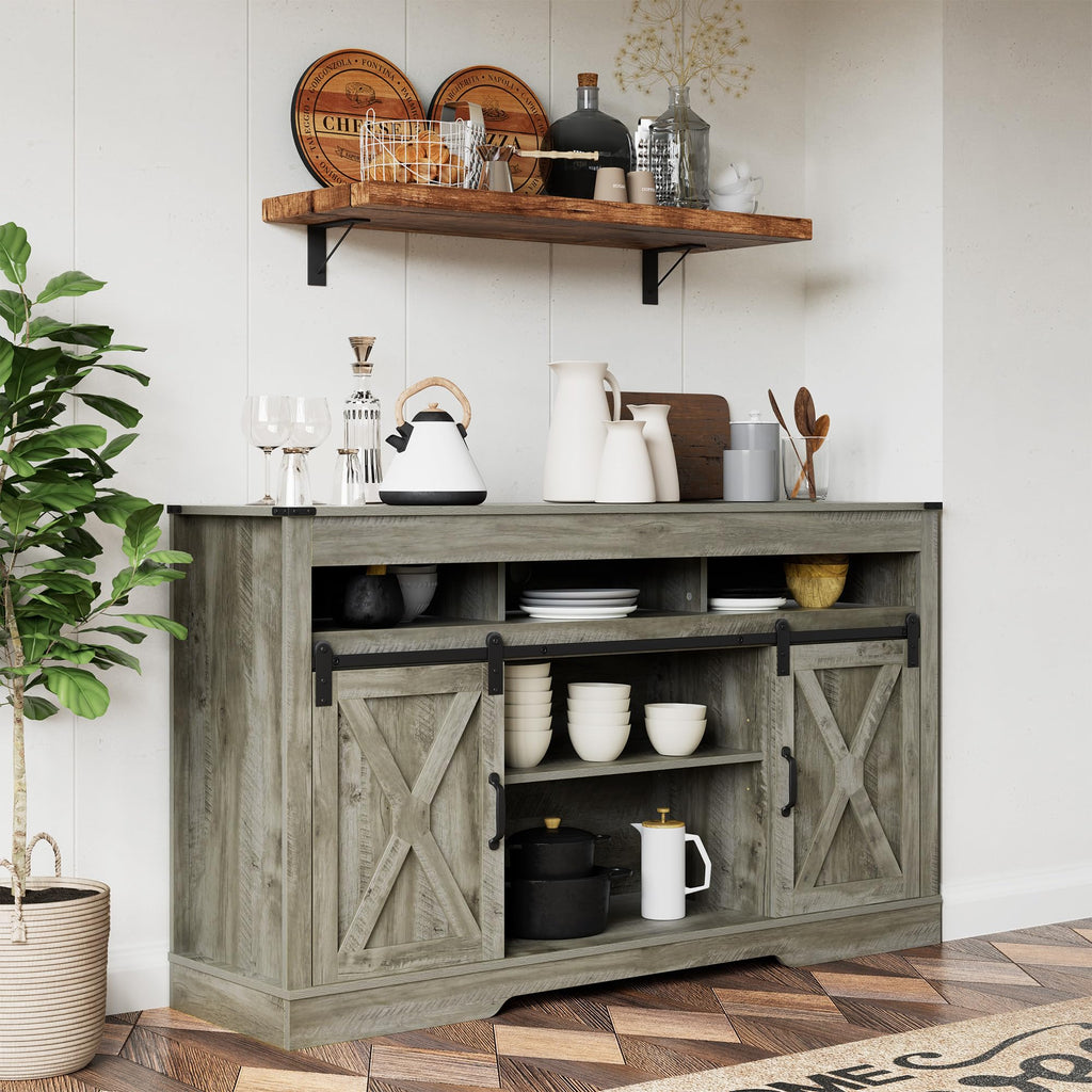 FansaFurn Farmhouse TV Stand for 65+ Inch TV, 34'' Tall Entertainment Center with Sliding Barn Doors, Rustic Wood Media Console Storage Cabinet Television Stand for Living Room, Bedroom (Black)