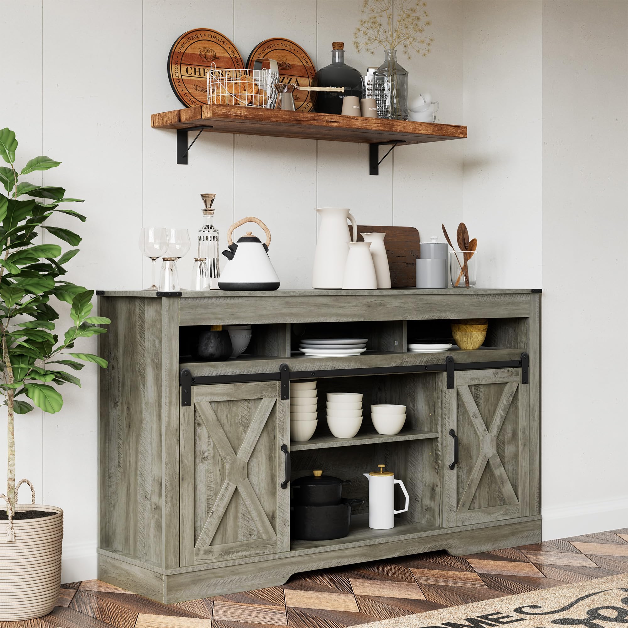 FansaFurn Farmhouse TV Stand for 65+ Inch TV, 34'' Tall Entertainment Center with Sliding Barn Doors, Rustic Wood Media Console Storage Cabinet Television Stand for Living Room, Bedroom (Black)