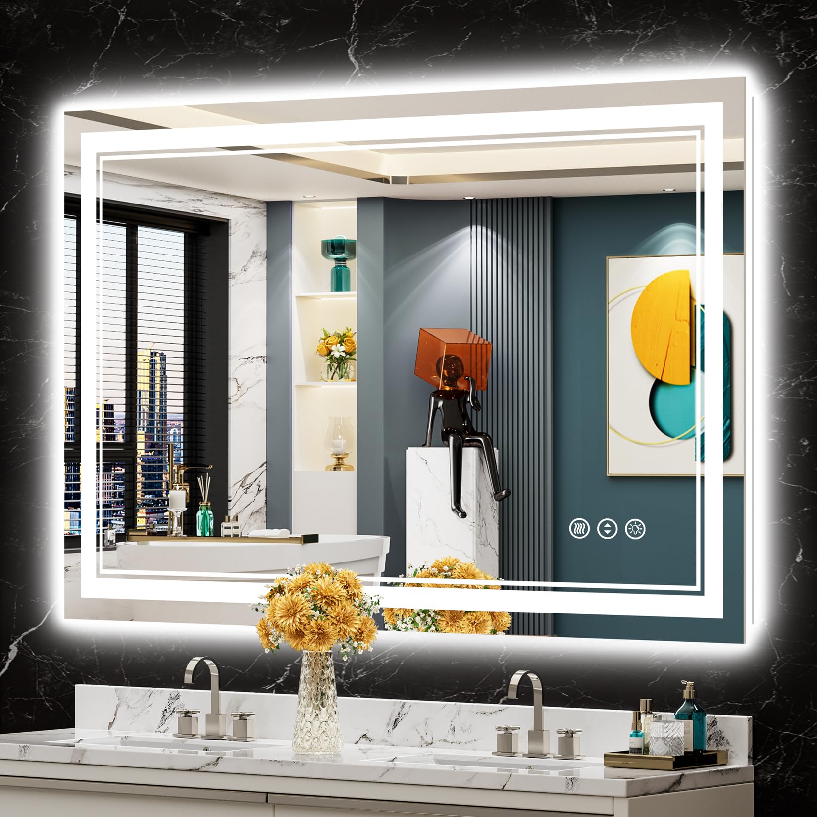 24x32 Black Framed LED Bathroom Mirror with Lights, Backlit and Front Lit Anti-Fog Lighted Vanity Mirrors for Bathroom Wall, Dimmable, 3 Colors, Memory, HD Tempered Glass, Horizontal/Vertical