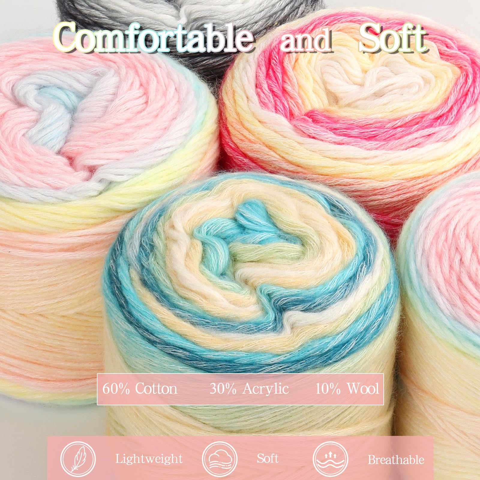 Katech Fairyland Yarn for Crocheting Knitting-Gradient Yarn Cake-4 Pack of 100g/3.52 oz-Soft DK Light Weight #3-60% Cotton 30% Acrylic 10% Wool-Perfect for Scarves, Shawls, Blankets and Garments(A)